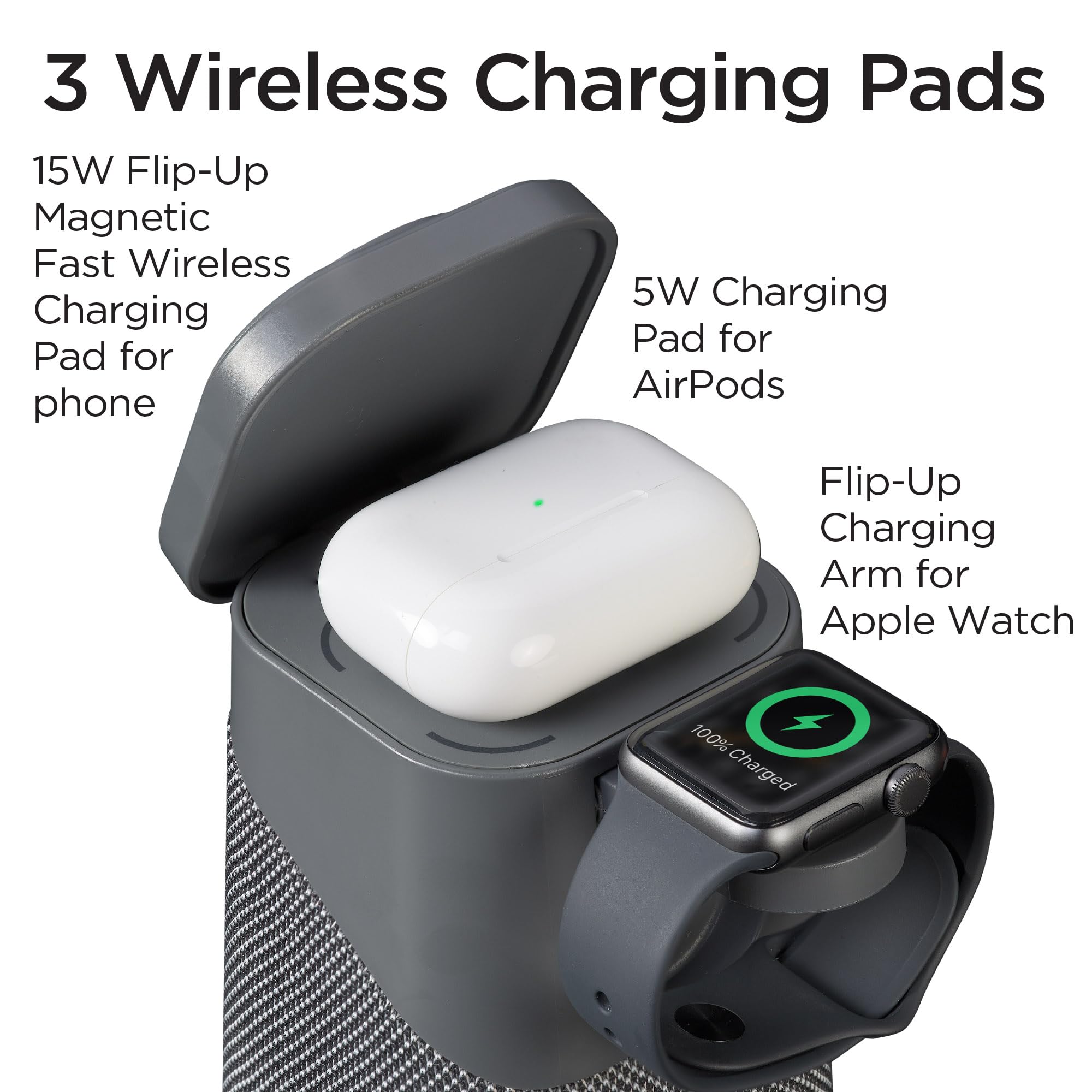iHome Wireless Charger for iPhone, Apple Watch & AirPods | Bluetooth Speaker with Color Changing Night Light | Dark Grey (iPBT70DG) | Perfect for Bedside, Office & Travel Charging Station