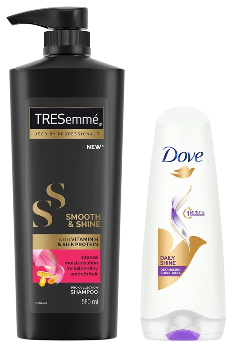 TRESemme Smooth and Shine Shampoo 580ml & Dove Daily Shine Conditioner 180ml - Hydrating Hair Care Set for Smooth, Shiny Locks - Perfect for Daily Use at Home or Salon
