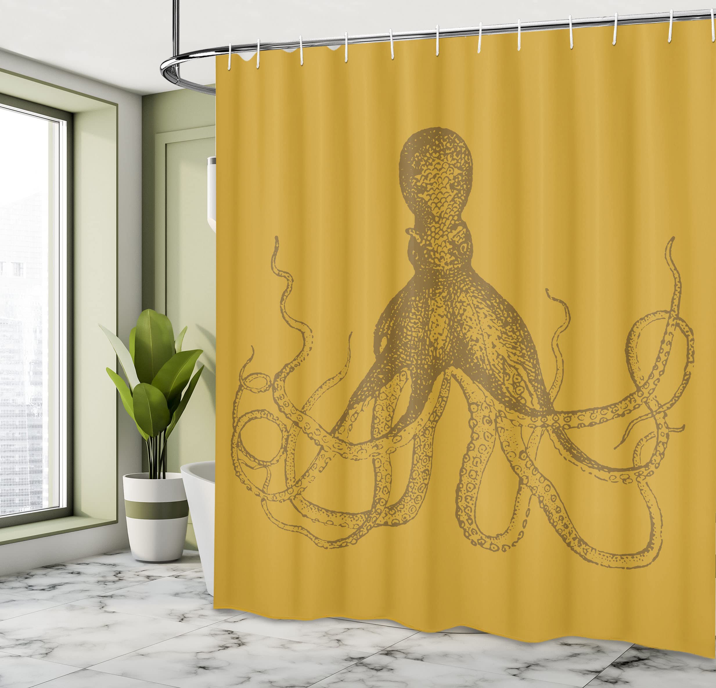 Ambesonne Octopus Shower Curtain - Monochrome Marine Animal Tentacles Underwater Sketch Art, 69x70 Inch Fabric Bathroom Decor with Hooks - Perfect for Coastal, Nautical or Ocean-Themed Bathrooms