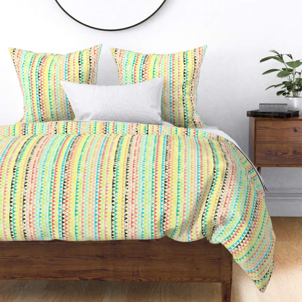 Custom Circus Triangle Stripe Geometric Duvet Cover - King/California King Size | Colorful Rustic Cotton Sateen Bedding for Modern & Bohemian Bedrooms