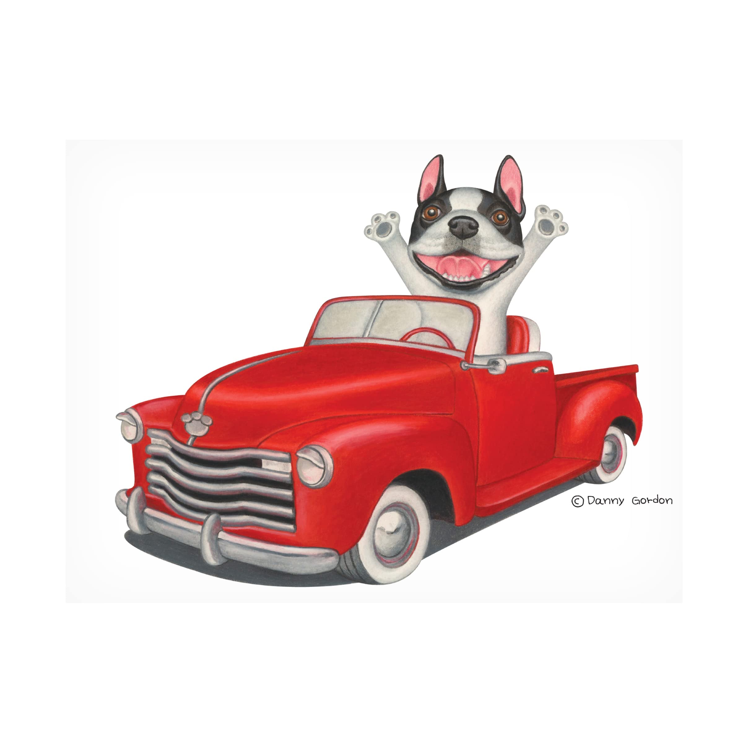 Happy Boston Terrier in Red Truck Canvas Art Print by Danny Gordon - Dog Lover Gift, Home Decor for Living Room, Bedroom & Office