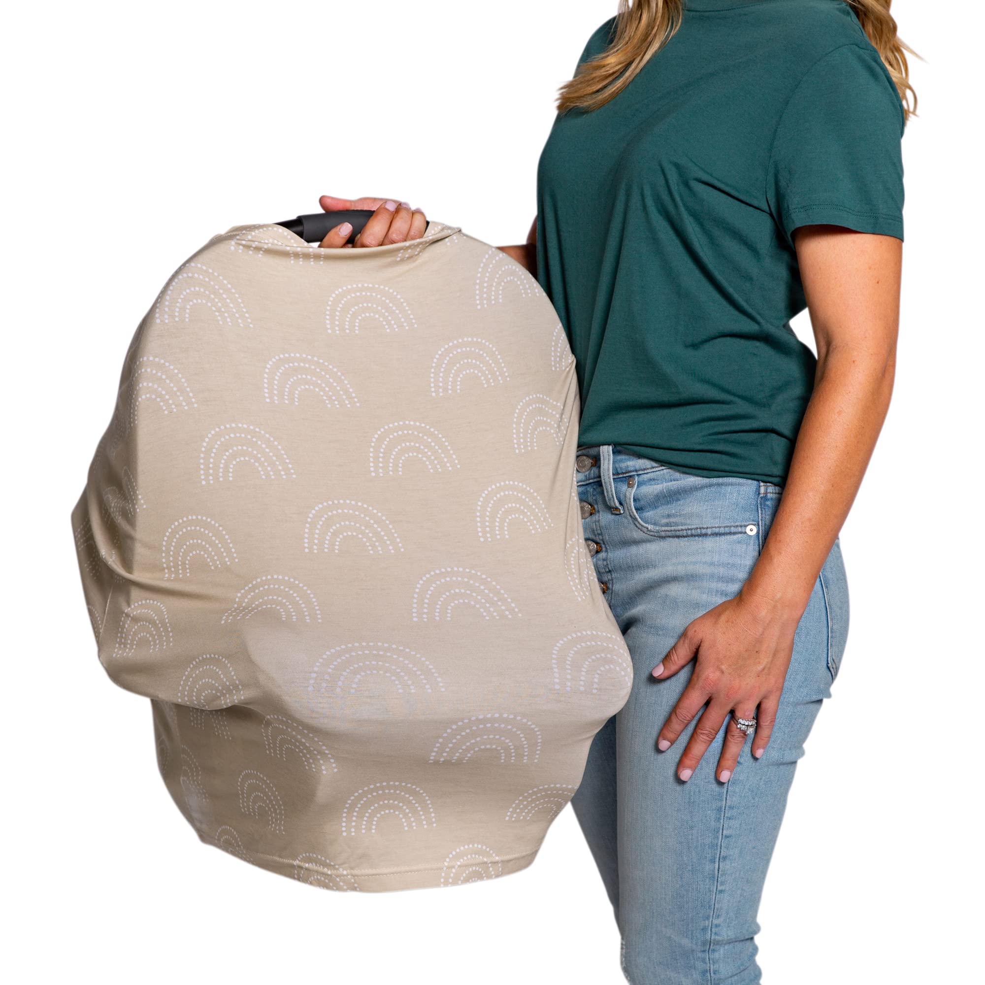 J.L. Childress 4-in-1 Baby Car Seat Cover - Stretchy Multi-Use Canopy, Nursing Privacy Cover & Sunshade - Gender Neutral Beige Dot Rainbow Design - Perfect for Travel, Breastfeeding & Outdoor Protection