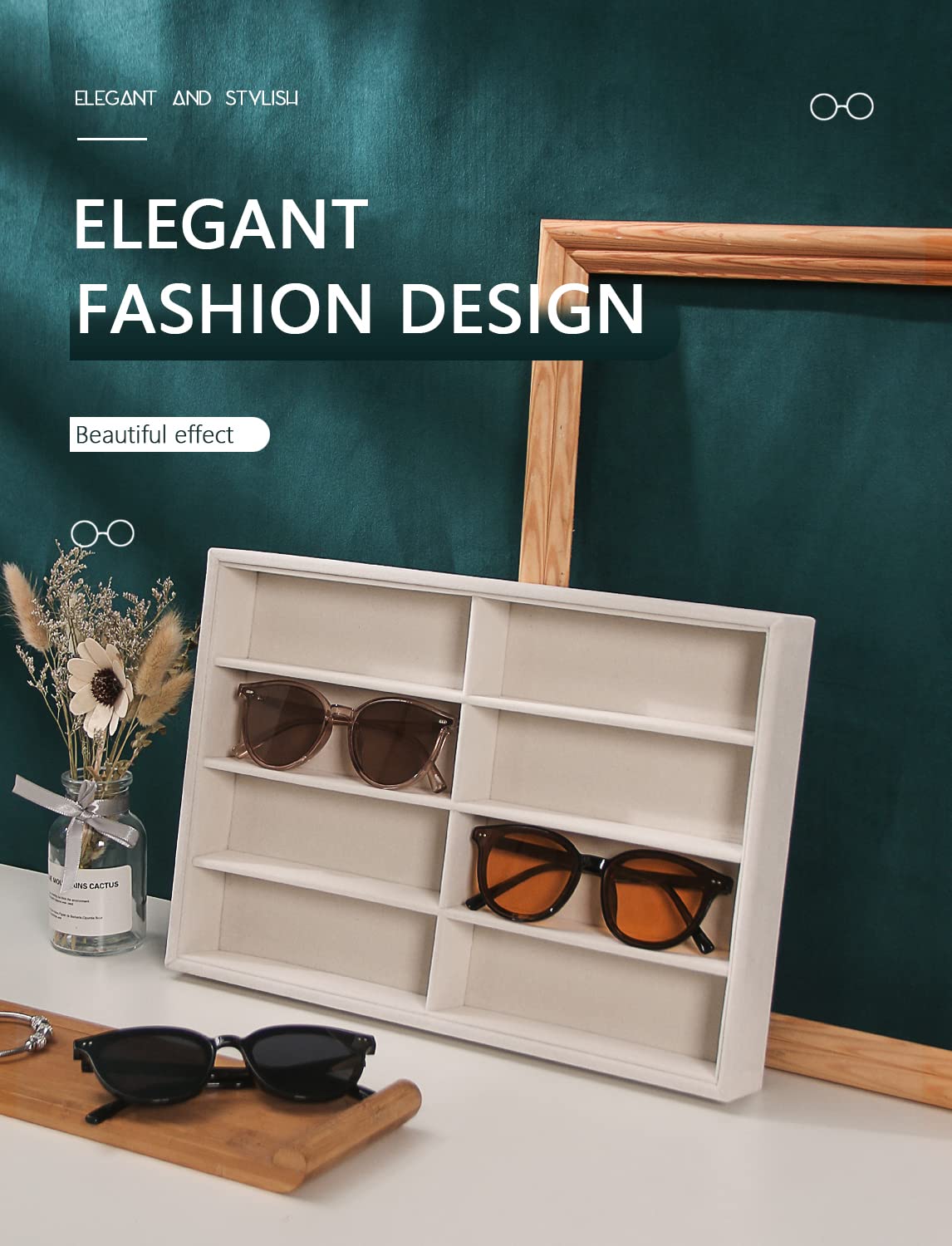 Premium Beige Velvet Sunglass & Eyewear Organizer Tray - 8 Grid Glasses, Watch & Jewelry Display Box for Men & Women - Perfect for Dresser, Vanity, Office & Travel Storage