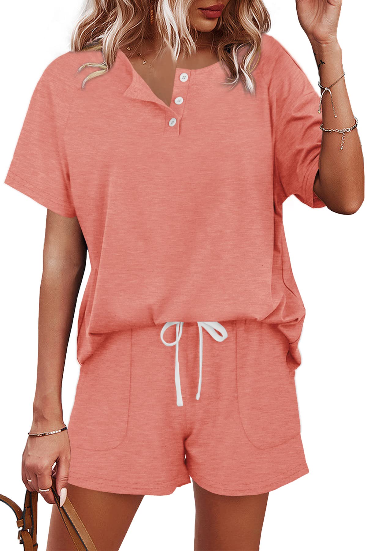 WIHOLL Women's 2-Piece Lounge Set - Button Down Top & Shorts with Pockets | Comfortable Sweatsuit for Home, Travel & Casual Wear