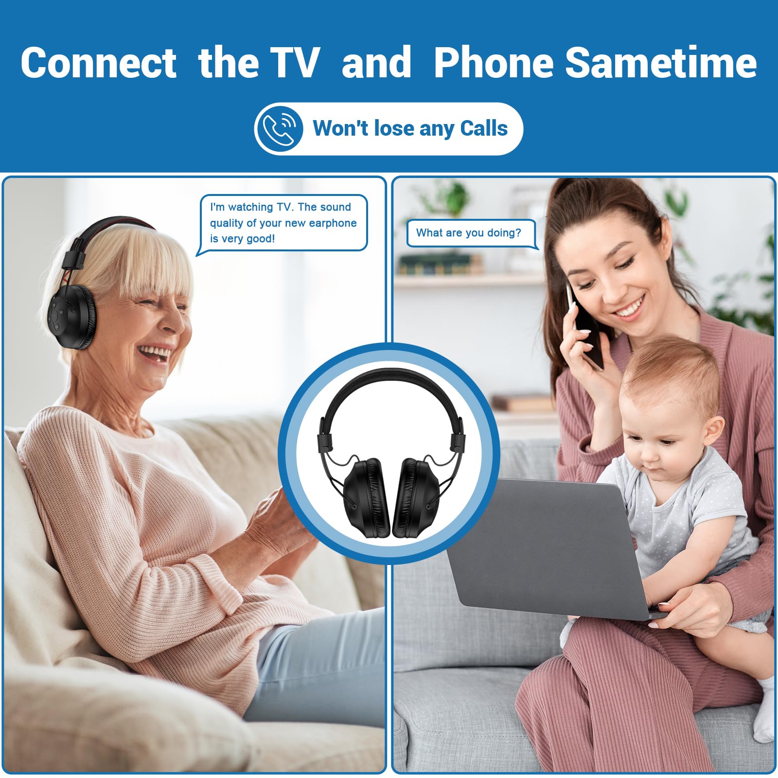 ROSIDA Wireless TV Headphones for Seniors - 295FT Range with Transmitter, Optical/AUX/RCA/USB Connectivity, High Volume Control, Long Battery Life & Zero Latency (Black) - Perfect for Nighttime TV Watching, Hearing Assistance & Private Audio Enjoyment