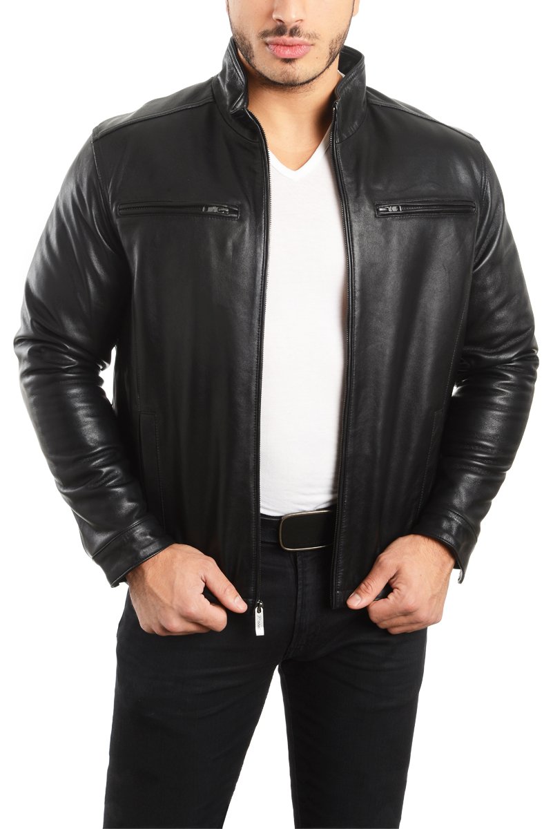 REED EST. 1950 Men's Genuine Lambskin Leather Jacket with Stand-Up Collar - Classic Vintage Biker Coat for Motorcycle Riding & Casual Outfits