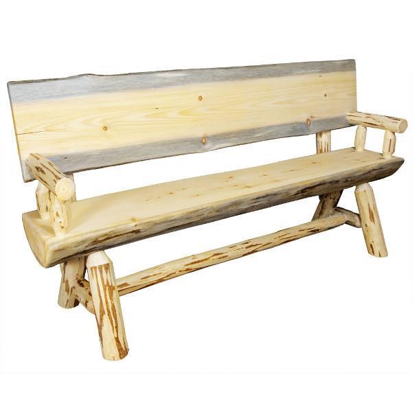 Montana Half Log Bench with Back & Arms - Rustic Outdoor Wooden Bench for Patio, Garden, and Backyard - Perfect for Relaxing, Camping, and Picnics