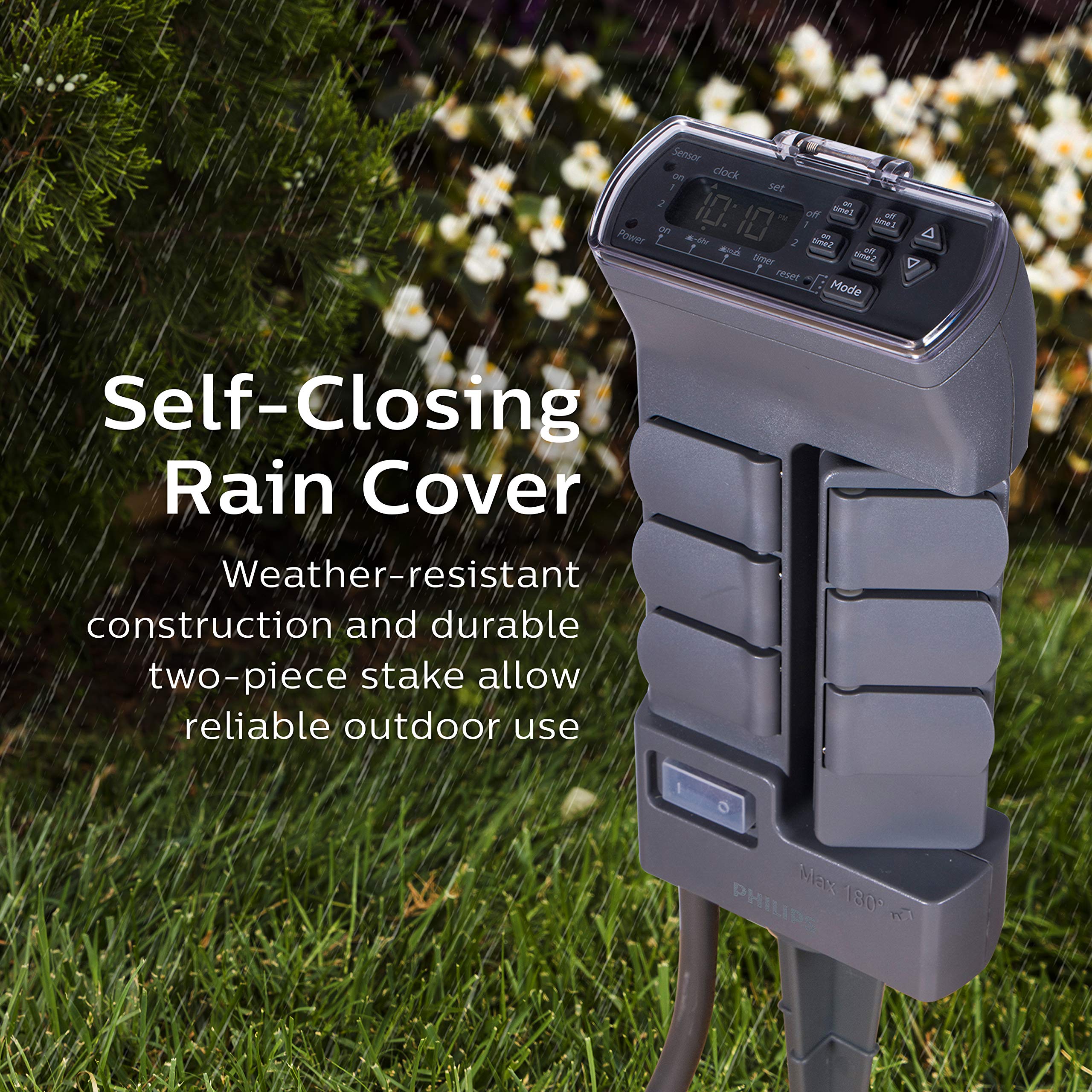 Philips Outdoor Digital Stake Timer with 6 Grounded Outlets - Light Sensing Power Timer for Gardens & Landscaping - Custom ON/OFF Settings, Weatherproof & Rotating Design - Perfect for Holiday Lights, Fountain Pumps & Outdoor Decor (Green, Model SPC1236AT/27)