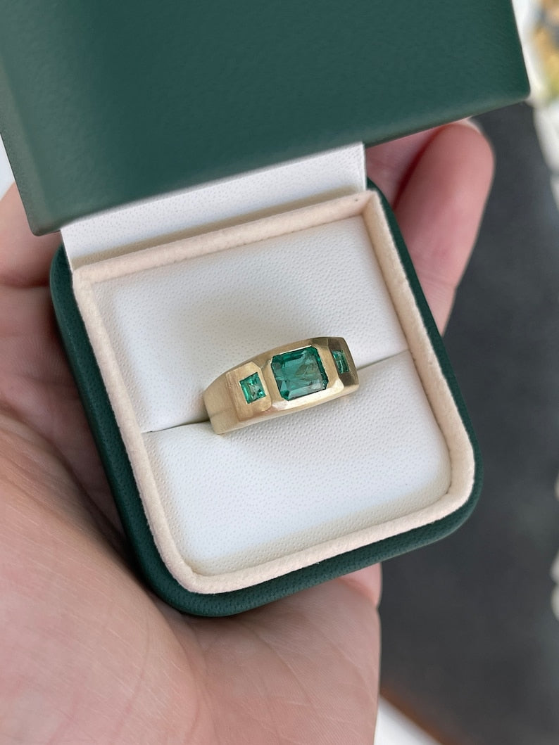 1.94tcw 14K Asscher & Princess Cut 3 Stone Unisex Matte Gold Finish Ring - Elegant Wedding Band, Anniversary Gift, or Everyday Jewelry for Men & Women