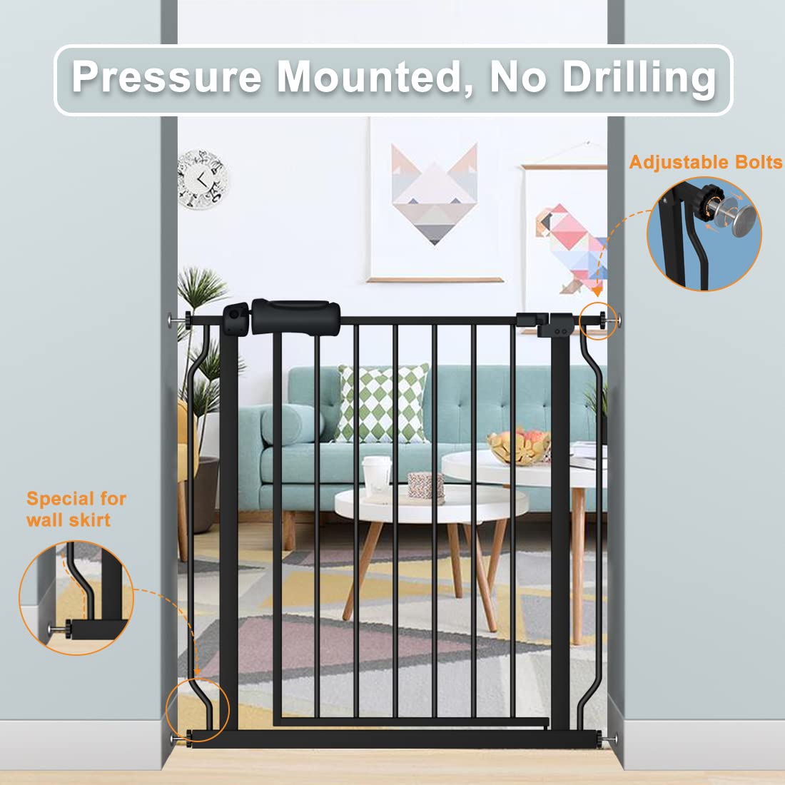 **Fairy Baby Walk Through Black Baby Gate 29-34 Inch Wide, No Drill Pressure Mounted Safety Gate with Door, Tension Metal Gate for Dogs & Toddlers - Ideal for Stairs, Hallways & Doorways**
