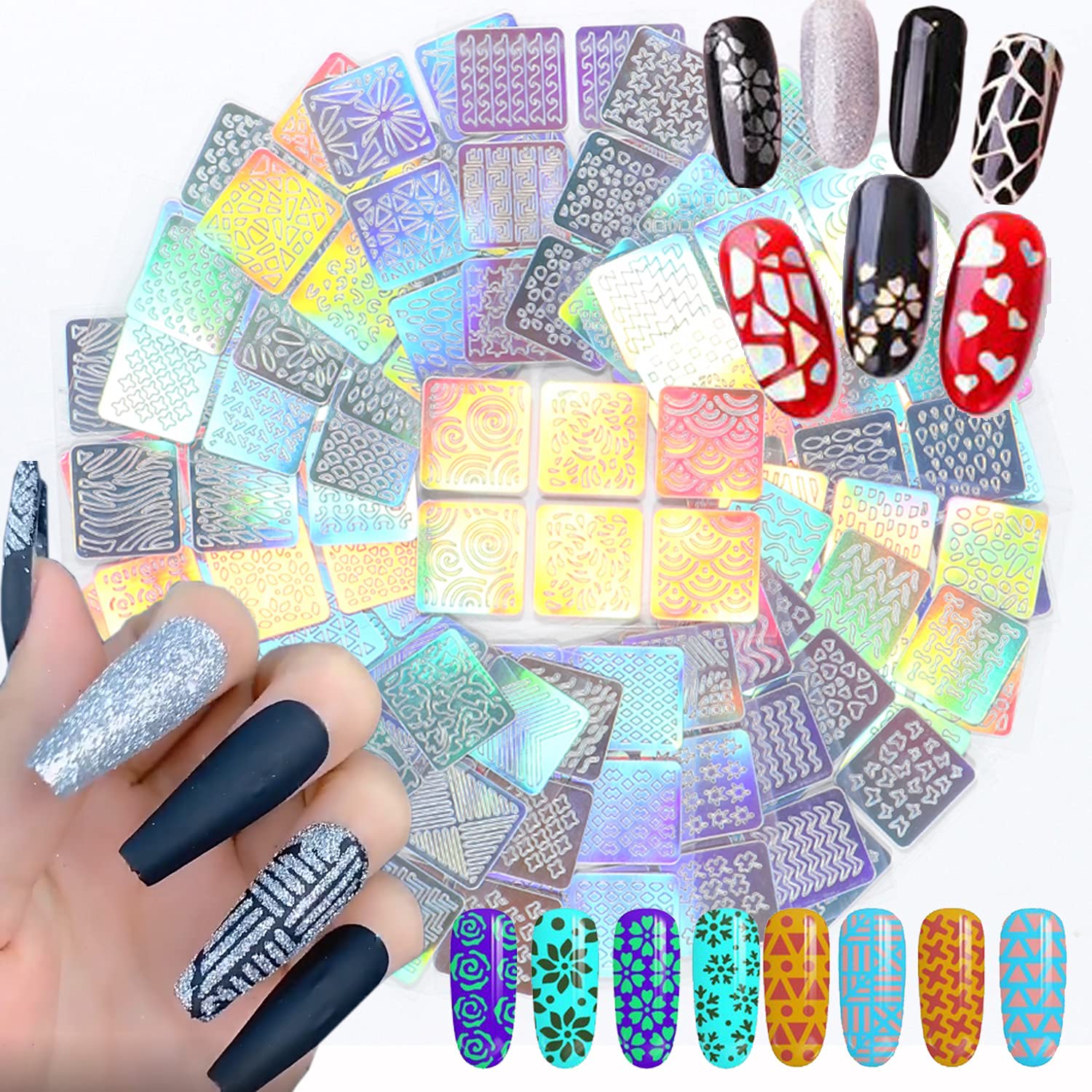 24 Sheets Holographic Glitter Nail Art Stickers - Floral, Leaf & Heart Designs for Manicure Decoration | DIY Nail Art Supplies for Women | Perfect for Home, Salon & Party Nail Styling