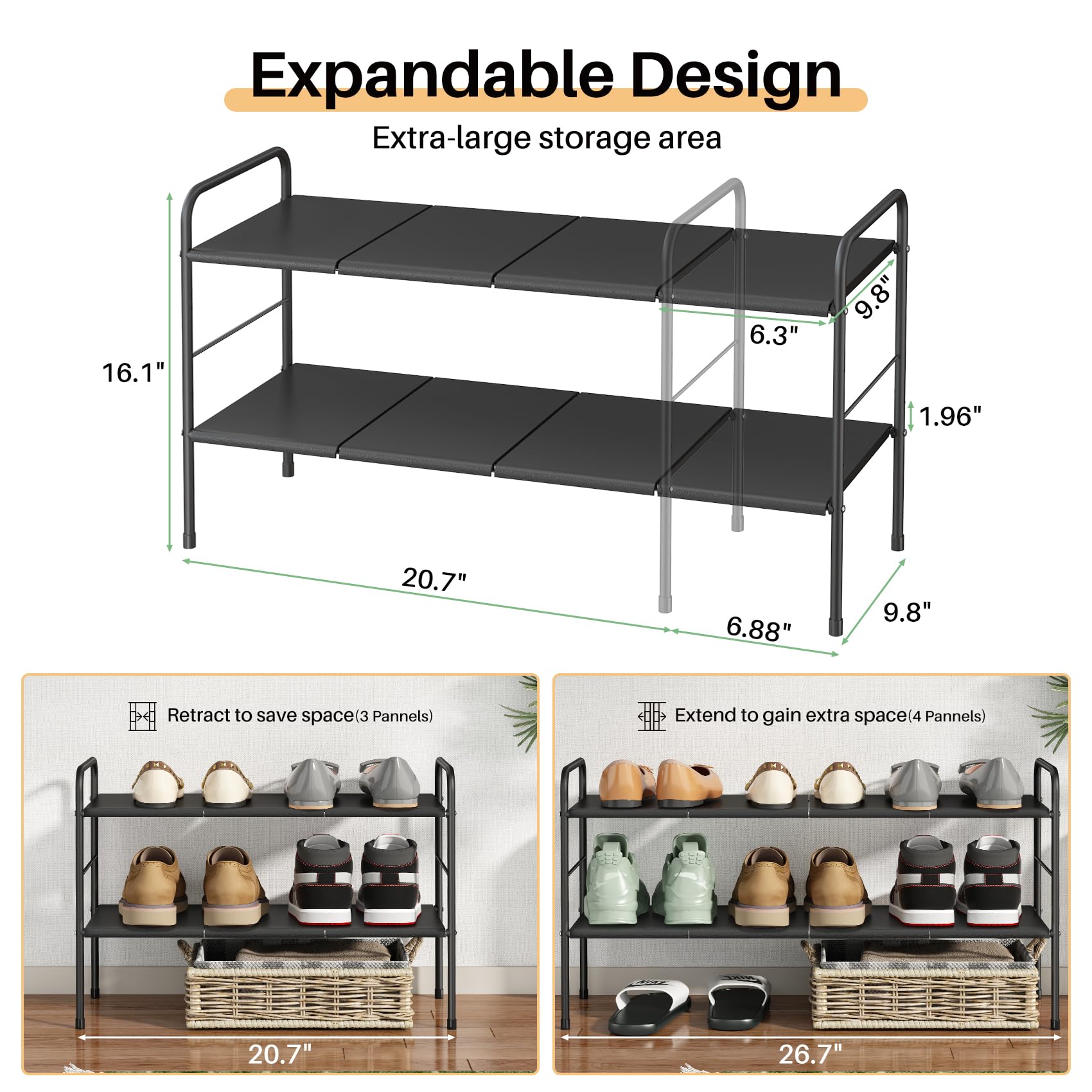 Expandable 2-Tier Metal Shoe Rack for Small Spaces - Adjustable Closet Door Shoe Organizer for Entryway, Garage & Hallway - Easy to Clean & Prevent Soil Detachment | Perfect for Apartment Living & Space-Saving Storage