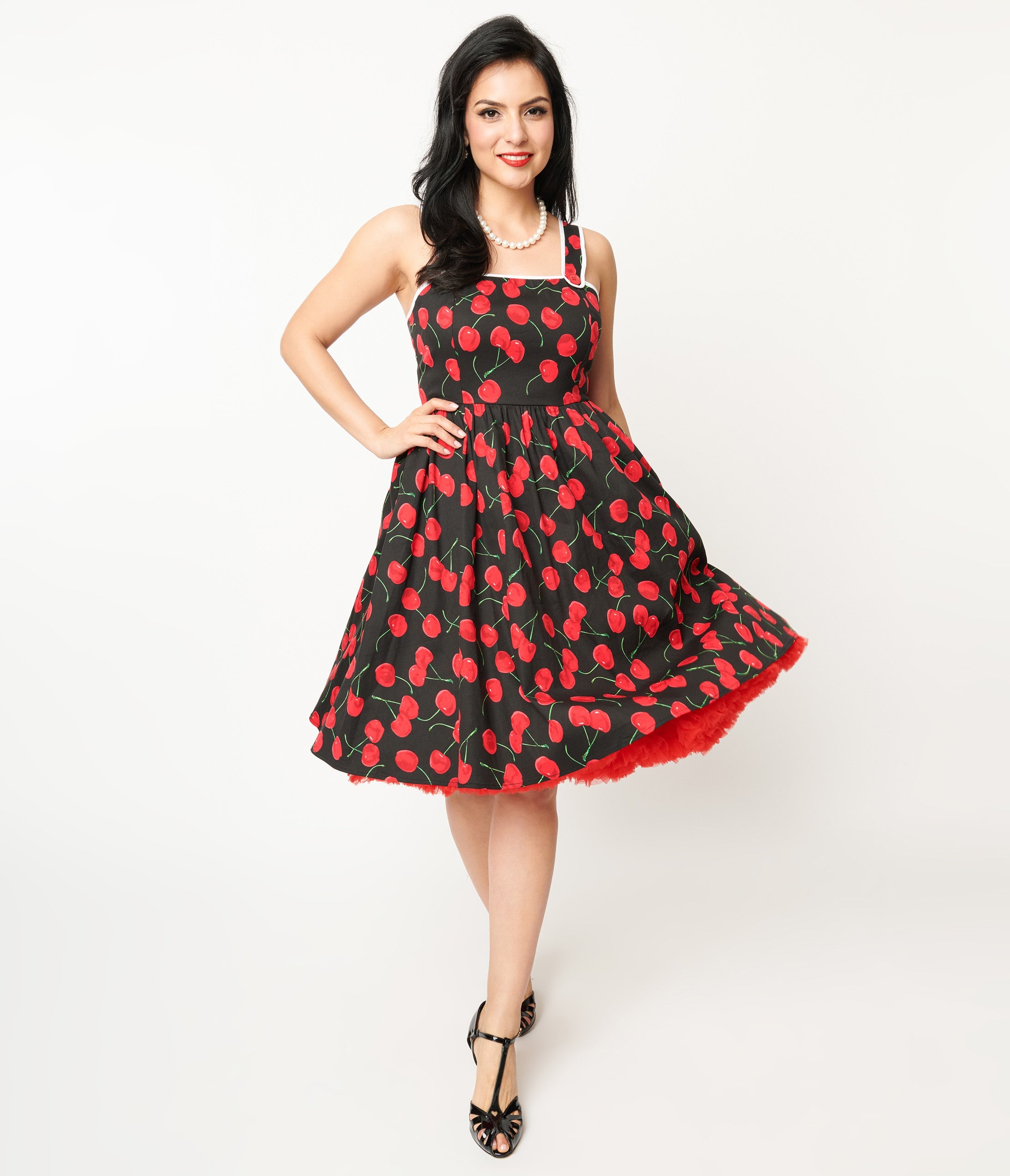 Vintage 1950s Black & Cherry Print Cotton Pinafore Swing Dress - Retro Pinup Style for Parties, Tea Dances & Rockabilly Fashion