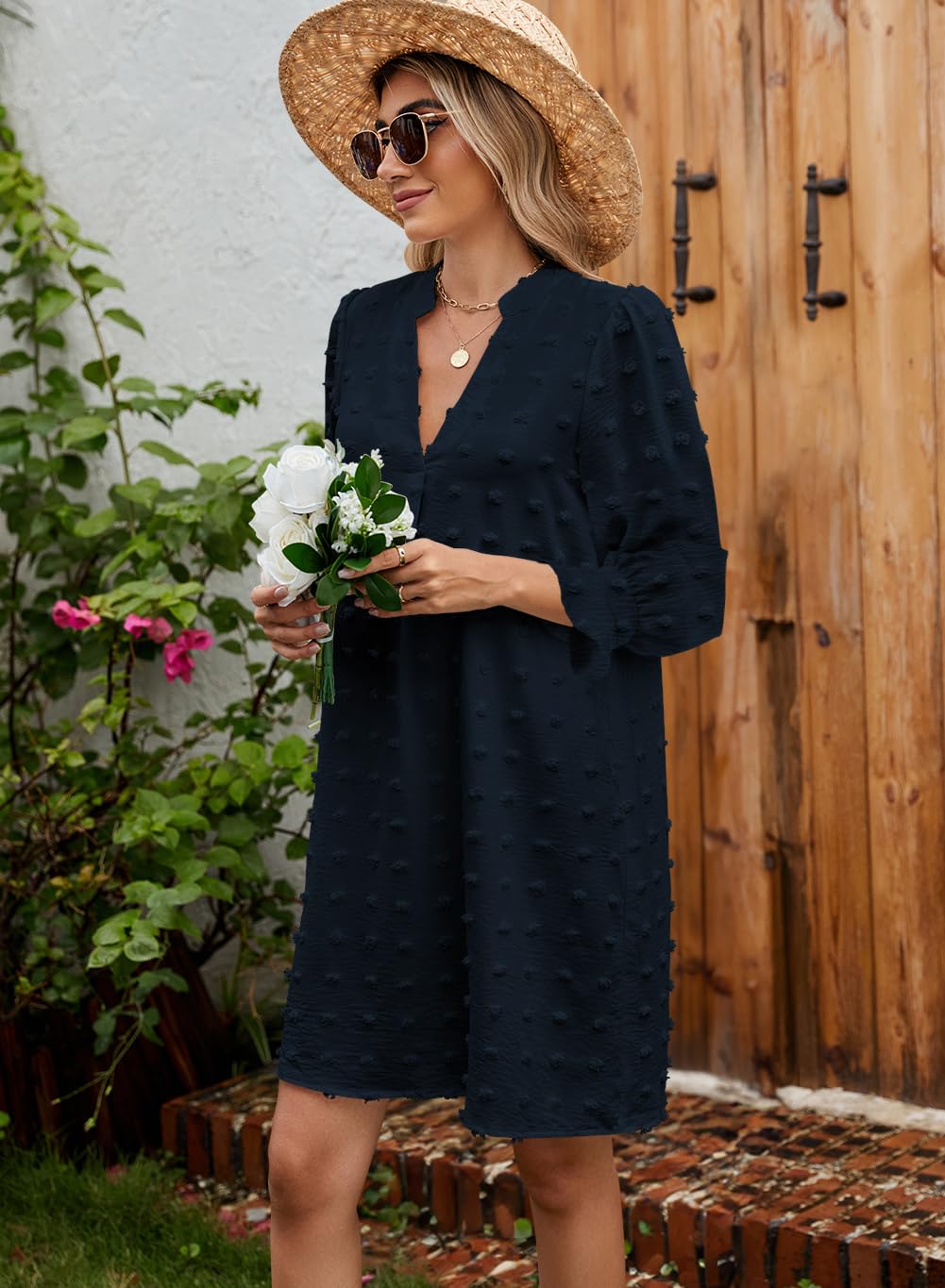 QACOHU Women's Casual V-Neck Long Sleeve Ruffle Dress - Loose Flowy Shift Dress for Spring Summer Autumn Winter | Perfect for Office, Date Night & Special Occasions