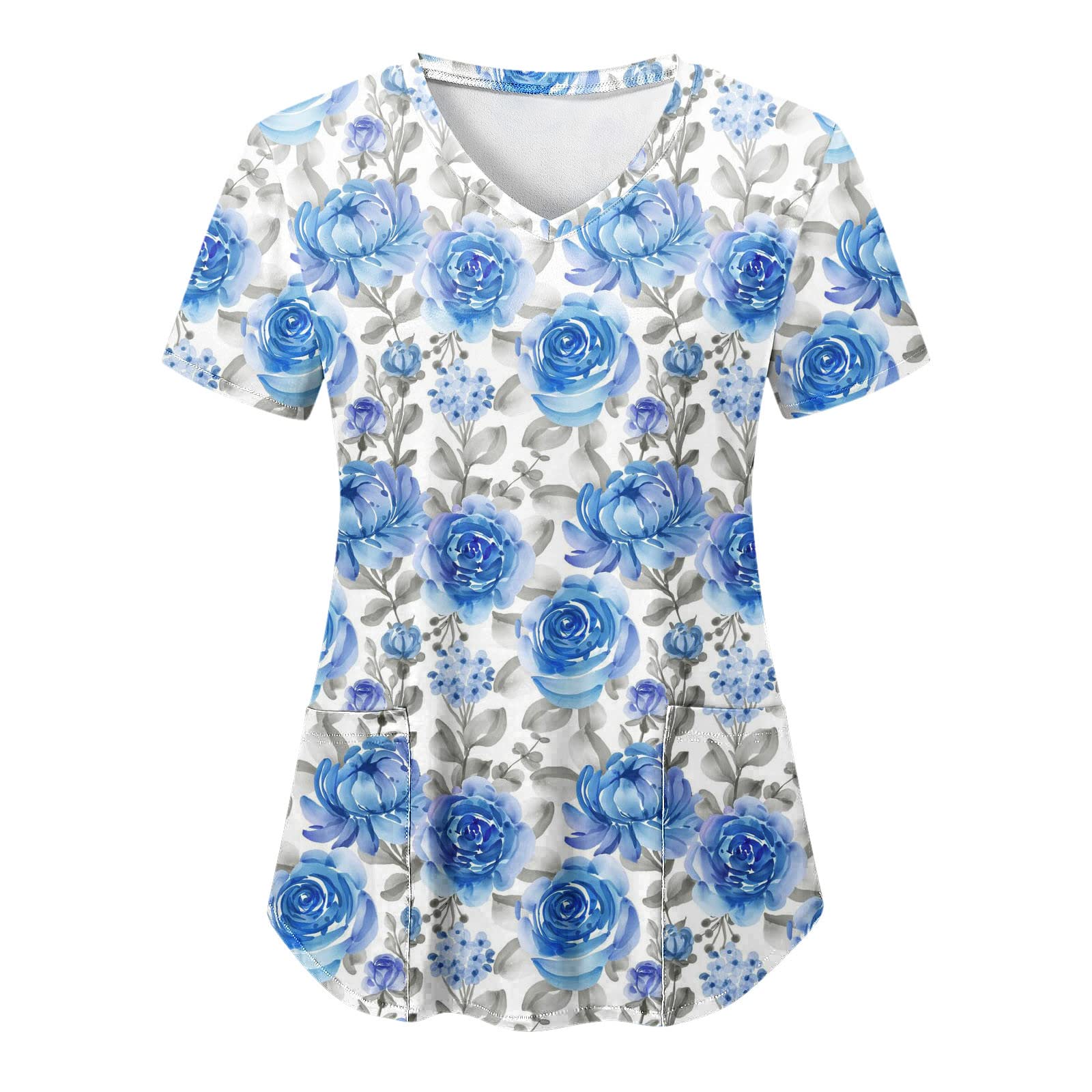 Stylish Women's Casual Floral Print V-Neck Short Sleeve T-Shirt | Elegant Nurse Uniform Top | Perfect for Work, Daily Wear & Spring Outfits