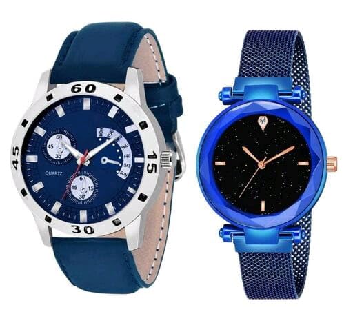 LAKSH Stylish Blue Leather & Magnetic Strap Watch for Men & Women (SR-029 AT-29) - Perfect for Casual Wear, Office & Special Occasions