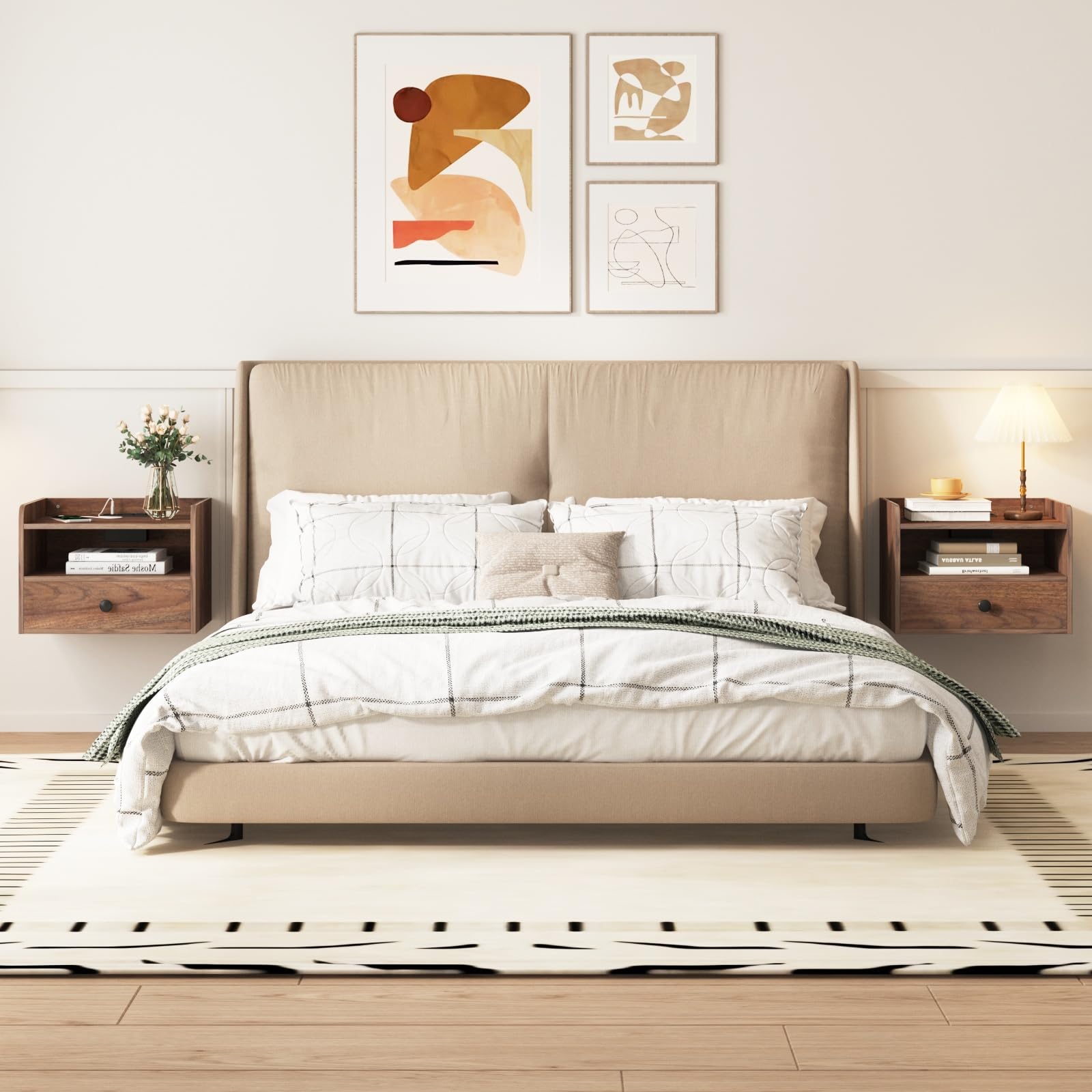 Modern Floating Nightstand Set of 2 - Wall Mounted Bedside Tables with Drawer, Open Shelf & USB Charging Station - Brown Walnut Finish - Perfect for Small Bedrooms, Apartments & Space-Saving Home Decor
