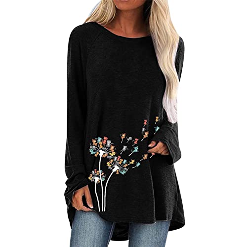 Women's Casual Crew Neck Raglan Dandelion Alphabet Print Long Sleeve T-Shirt Blouse Top - Workout Tee for Women (Black, XXL) - Perfect for Gym, Yoga, Running & Everyday Wear