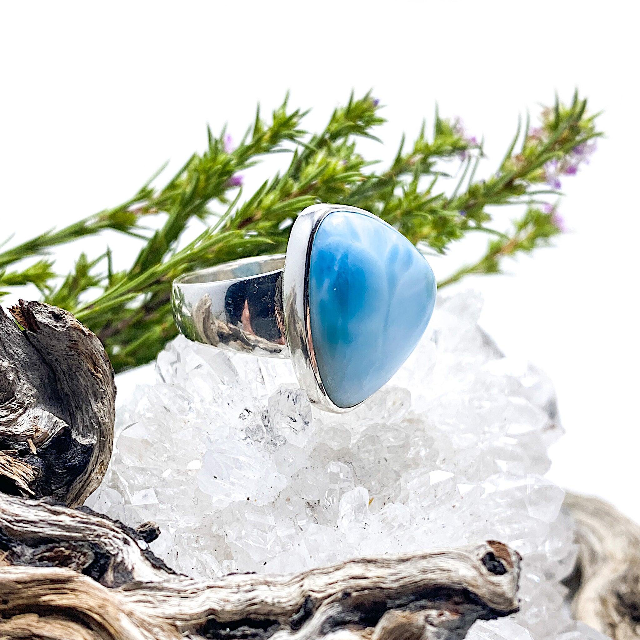Larimar Sterling Silver Cabochon Ring Size 9 - Handmade Gemstone Jewelry for Women, Perfect for Gifts, Weddings & Everyday Wear KRGJ1396