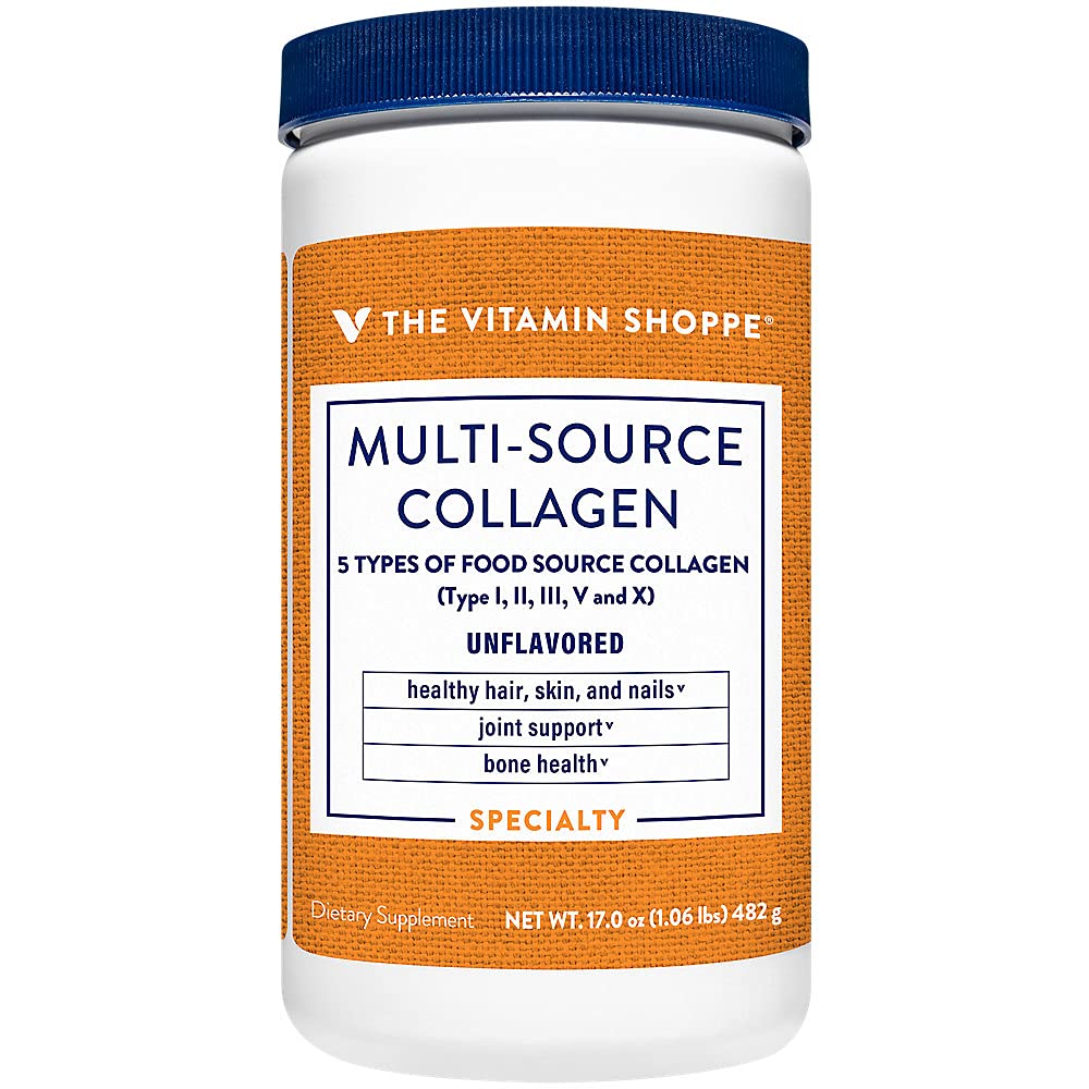 The Vitamin Shoppe Multi-Source Collagen Powder - 5 Types Collagen for Hair Growth, Skin Hydration & Nail Strength - Unflavored Protein Supplement (17oz, 45 Servings) - Post-Workout Recovery & Daily Beauty Routine