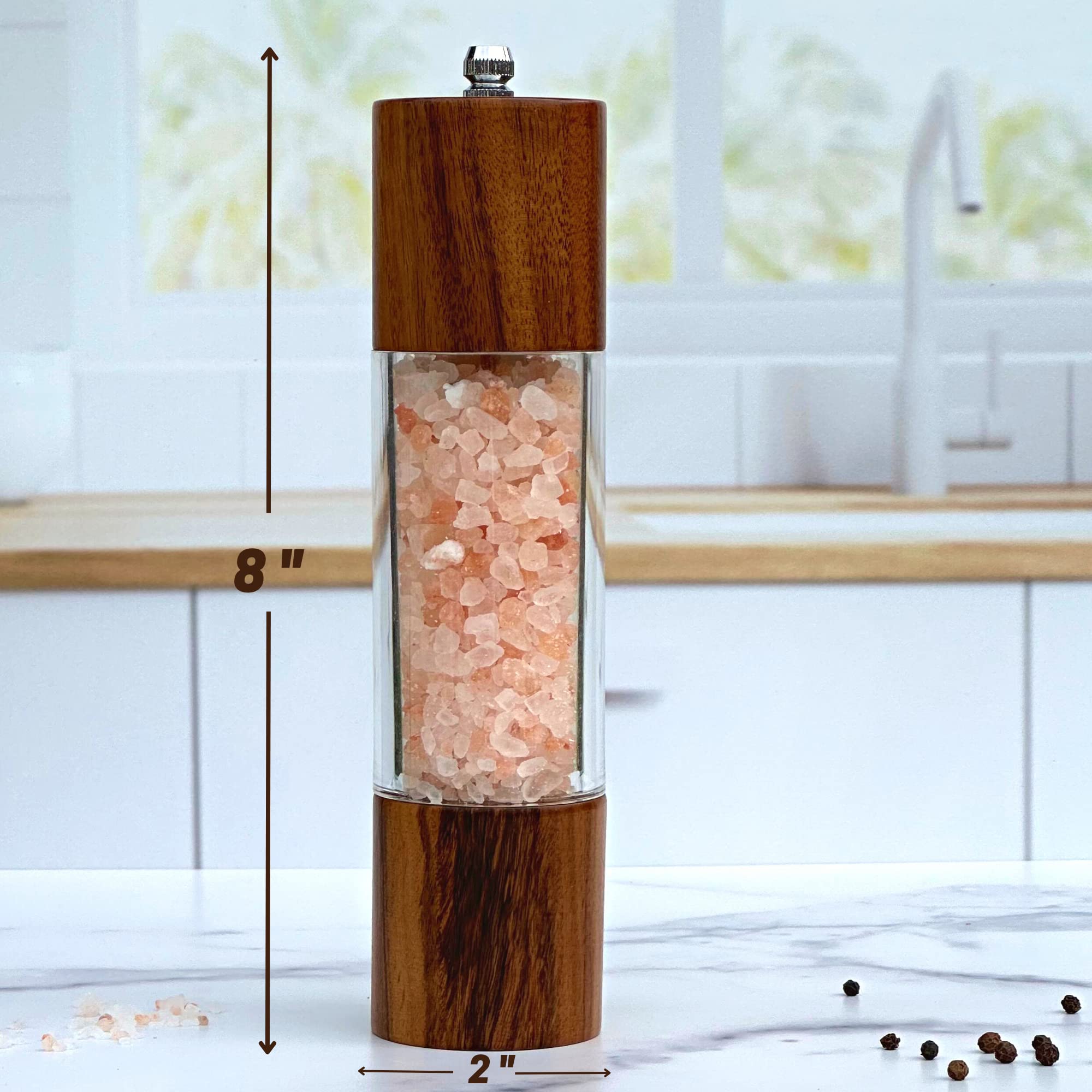 Premium Acacia Wood Salt and Pepper Grinder Set with Wooden Tray - Carbon Steel & Ceramic Core Mill - Adjustable Coarseness - Perfect for Kitchen, Dining Table, and Gift Giving
