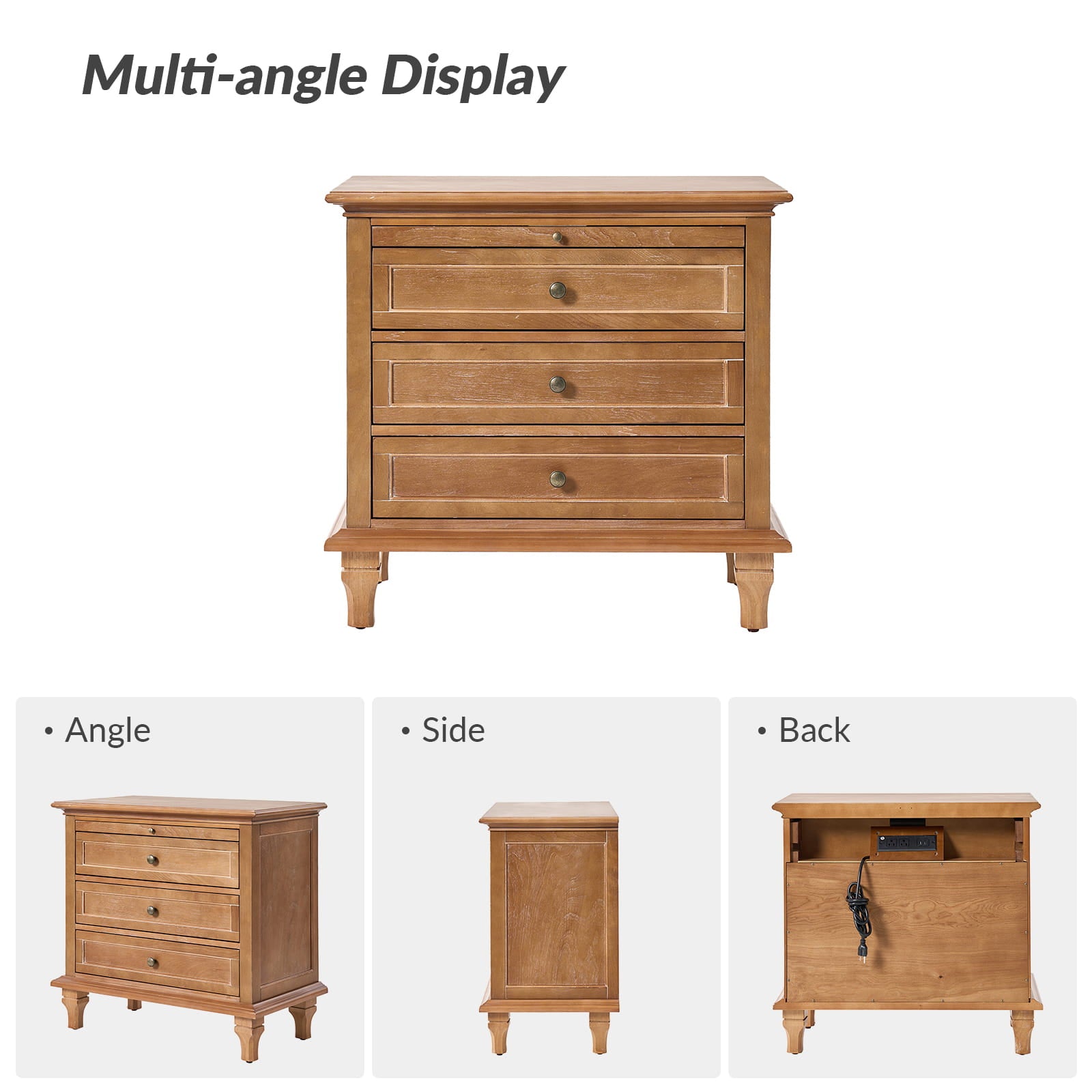 Galatea 3-Drawer Nightstand with USB Charging Ports & Power Outlets - Modern Bedside Table with Storage for Bedroom, Living Room or Office