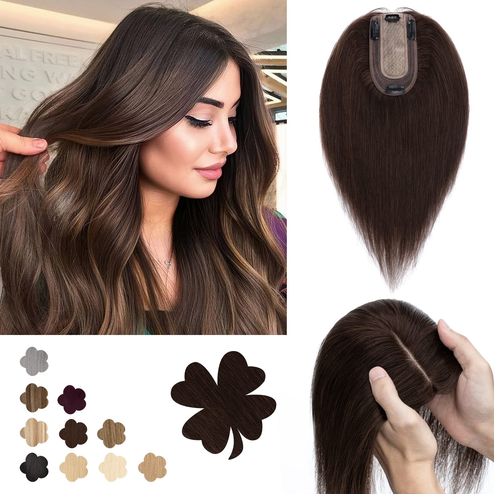 Benehair Clip-in Human Hair Toppers for Women with Silk Base - 1 Piece Remy Human Hair Topper for Thinning Hair - Realistic Hair Extensions Replacement #02 Dark Brown 6 Inch 27g - Perfect for Daily Wear, Special Occasions & Hair Volume Enhancement