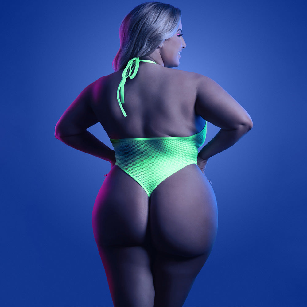 Fantasy Lingerie Glow in The Dark Halter Keyhole Thong Teddy for Women - Sexy Nightwear for Curvy Figures | Perfect for Date Night & Boudoir Photography