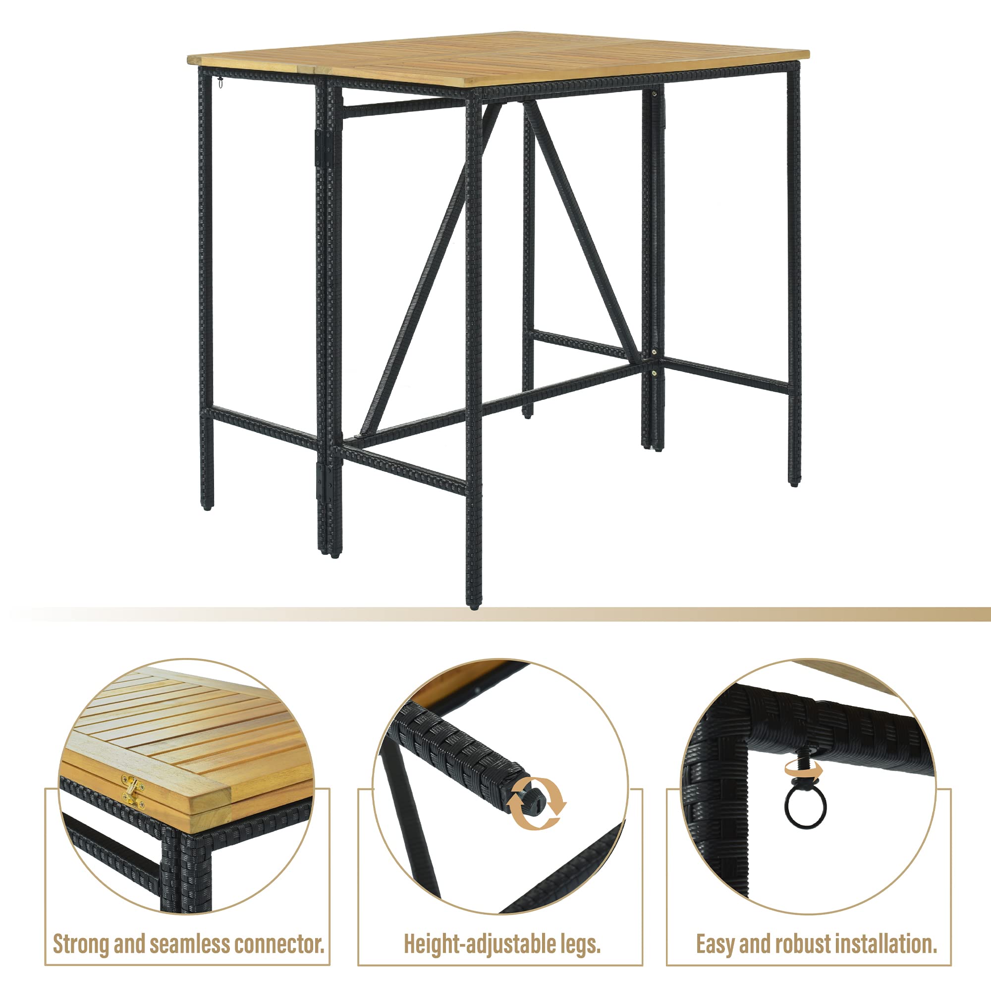 5-Piece Outdoor Patio Wicker Bar Set - High-Dining PE Rattan Bistro Set with Foldable Acacia Wood Table & Square Stools - All-Weather Space-Saving Conversation Set for Backyard, Garden or Balcony