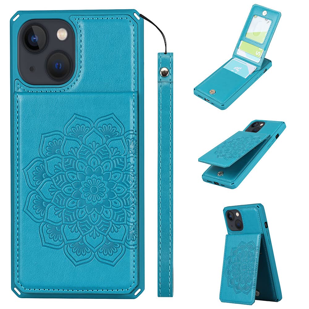 Premium PU Leather iPhone 13 Wallet Case with Card Holder & Kickstand - Shockproof Protective Cover with Wrist Strap (Mandala Blue) | Perfect for Daily Commute, Travel & Hands-Free Convenience