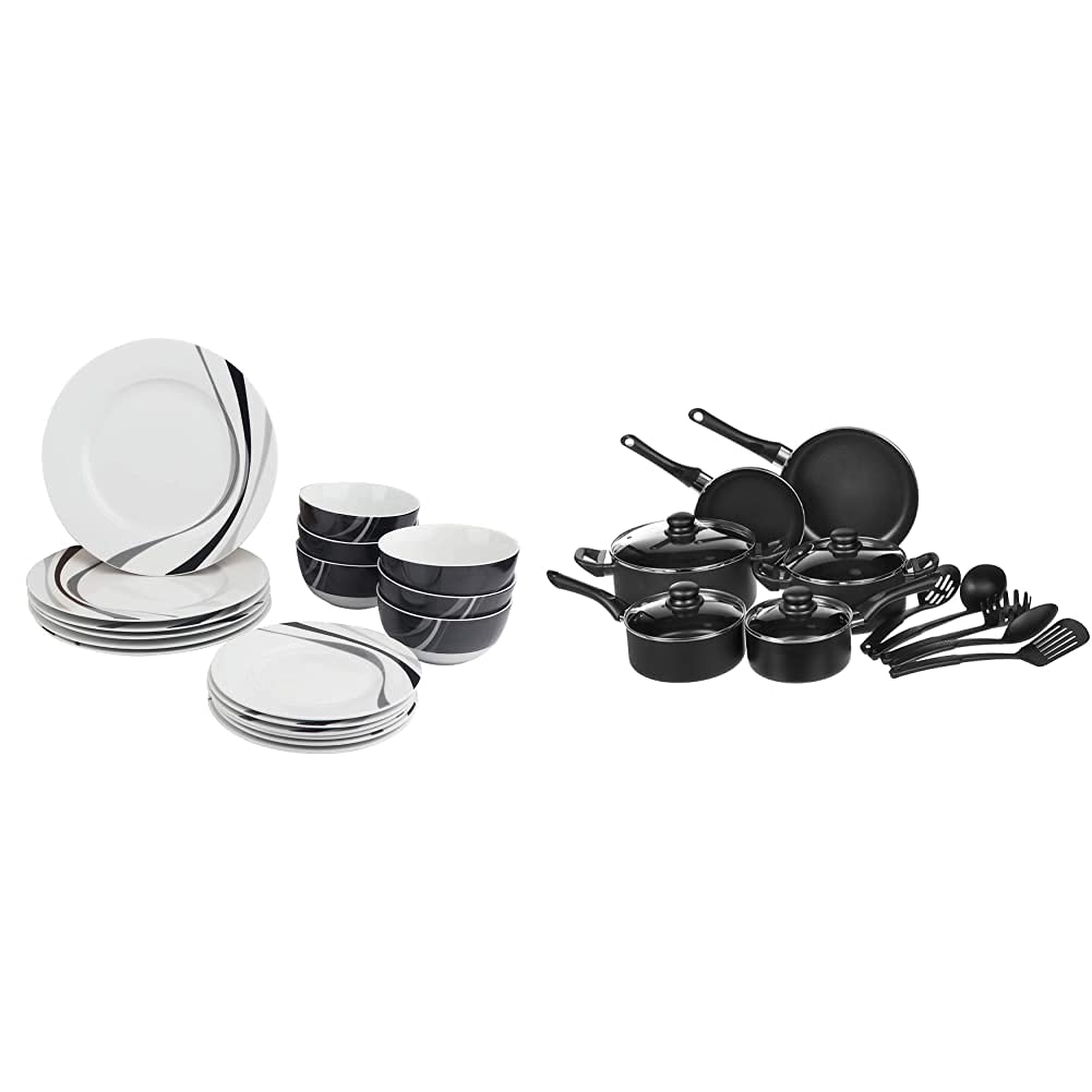 Amazon Basics 18-Piece Kitchen Dinnerware Set - 6 Plates, Bowls & Mugs, Durable Porcelain for Everyday Use | Complete Cookware Set with Non-Stick Pots, Pans & Utensils (15-Piece) | Perfect for Family Dinners, Entertaining Guests & Meal Prep
