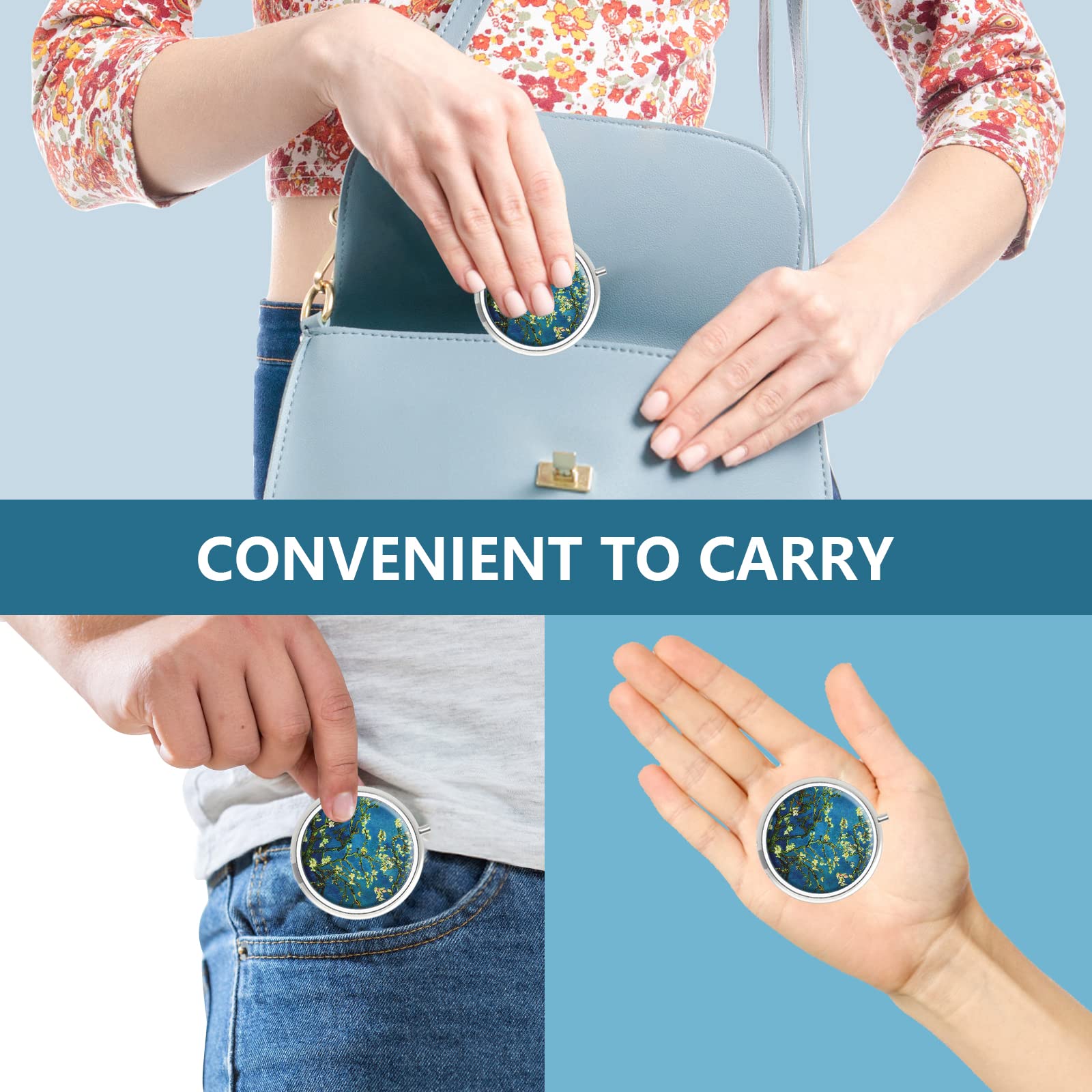 3-Compartment Portable Pill Organizer Box - Peacock Sky Blue Metal Medicine Case for Vitamins & Daily Pills | Perfect for Travel, Purse & Home Use | Unique Gift Idea
