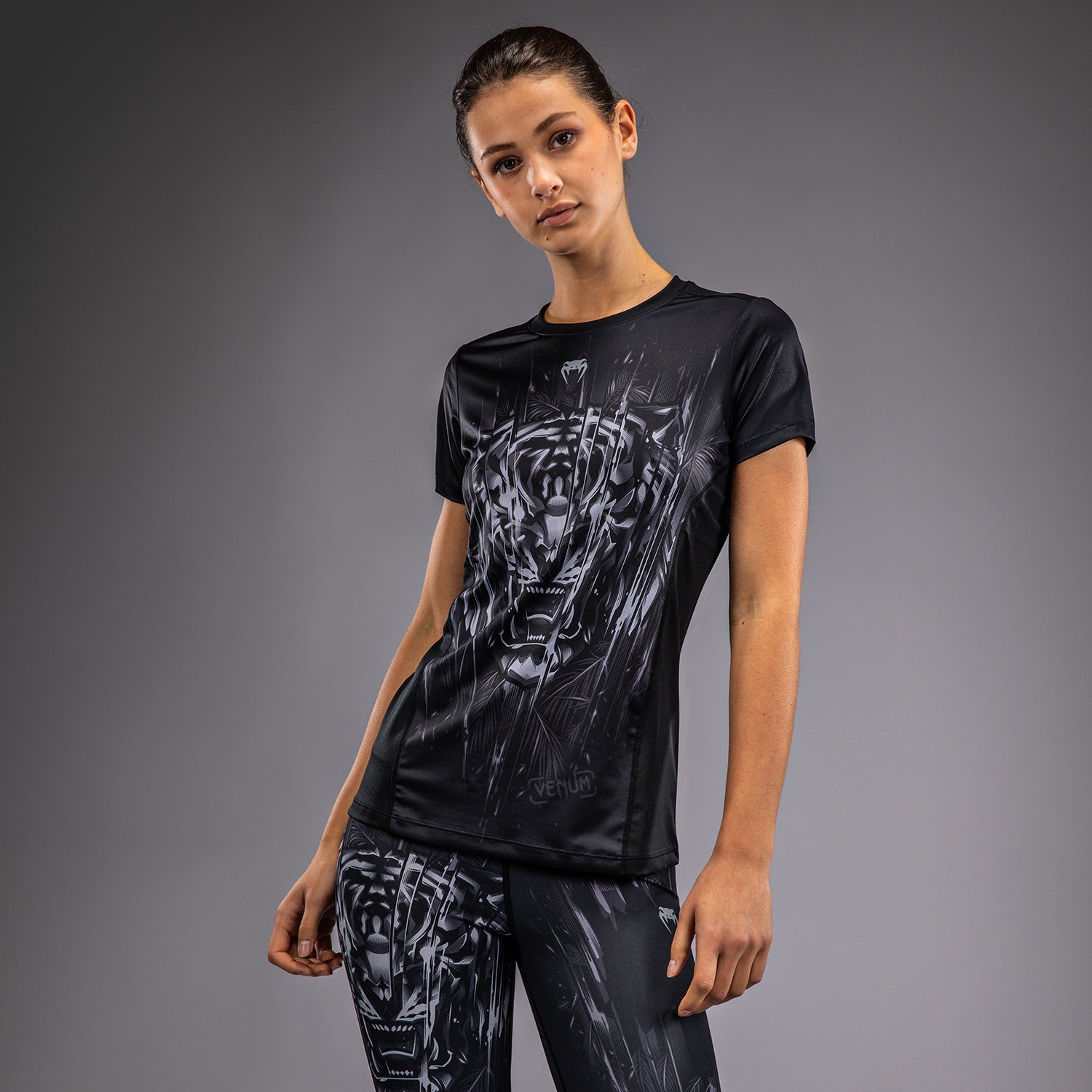 Venum Tiger Women's Dry Tech T-Shirt - Moisture Wicking Workout Top for Fitness & MMA Training - Black/Silver