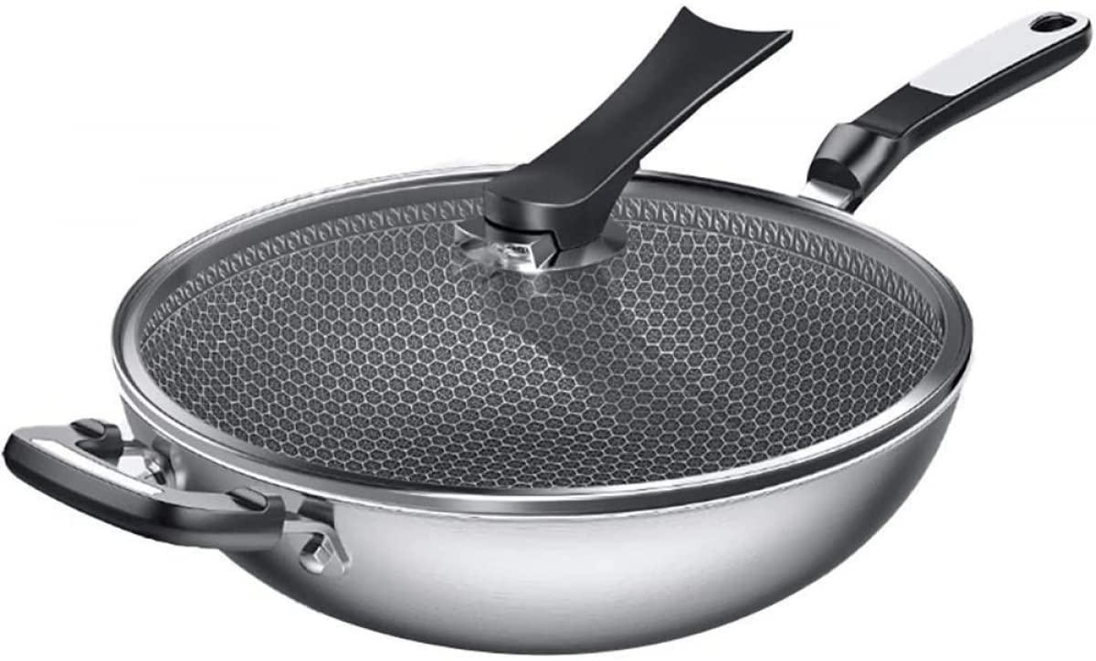 NENYAO Nonstick Fry Pan - Stainless Steel Wok with Lid & Pot Ears - Professional Chef Cookware for Home Kitchen & Restaurant Use - Perfect for Stir-Frying, Sautéing & Deep Frying - Ideal Gift for Cooking Enthusiasts