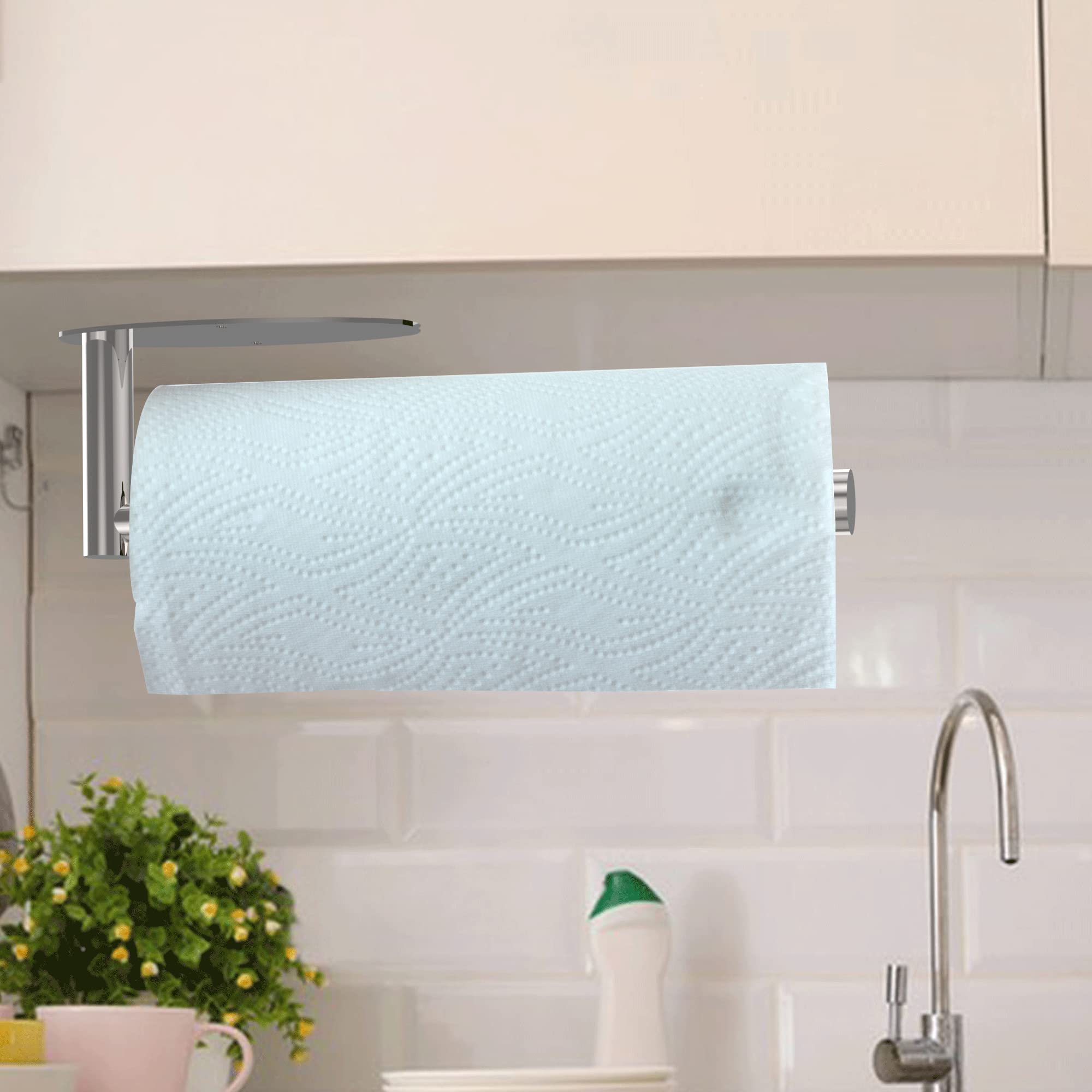 Brushed Nickel Under Cabinet Paper Towel Holder - Wall Mount, Self-Adhesive or Drilled Installation with Damping Stainless Steel - Perfect for Kitchen, Bathroom, RV & Small Spaces - Space-Saving & Durable Design