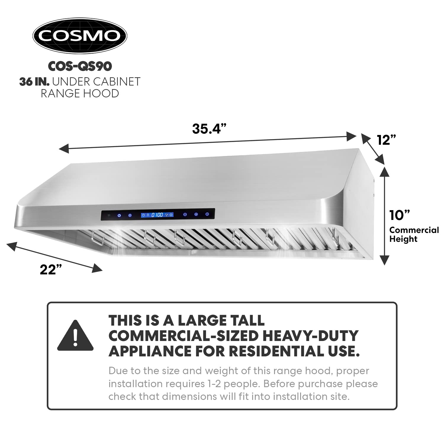 COSMO COS-QS90 36-Inch Stainless Steel Under Cabinet Range Hood - 500 CFM Ducted Kitchen Vent Hood with Touch Controls & LED Lights - Perfect for Modern Kitchens, Cooking, and Smoke Removal