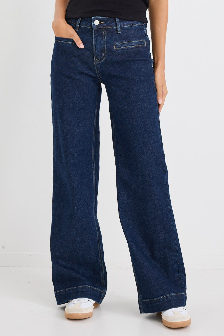 Indigo Mid Rise Wide Leg Jeans with Pockets for Women - Comfortable Stretch Denim for Concerts, Casual Outings & Everyday Wear