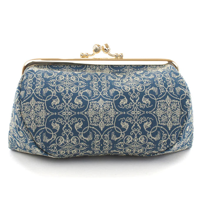 Nishijin Woven Small Pouch - Grapevine Navy Blue Japanese Kyoto Handmade Cosmetic Makeup Bag | Gamaguchi Pouch for Travel Toiletry, Stationery & Bag Organizer | Perfect for Daily Use, Gift Giving & Japanese Culture Lovers