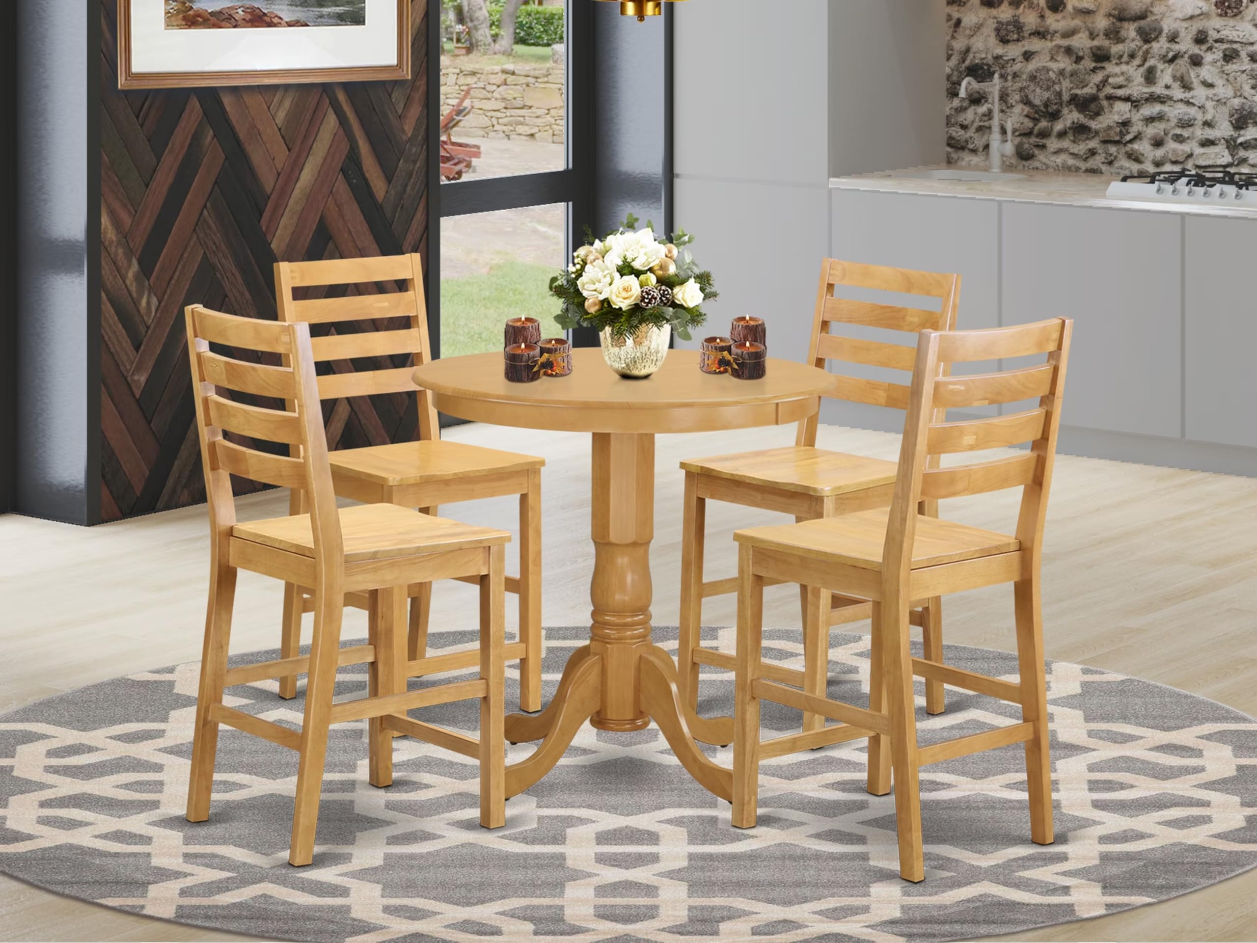 East West Furniture 5-Piece Counter Height Dining Set - 36x36 Inch Round Table with Pedestal Base & 4 Kitchen Chairs, Oak Finish - Perfect for Small Kitchens, Breakfast Nooks & Apartment Dining Areas