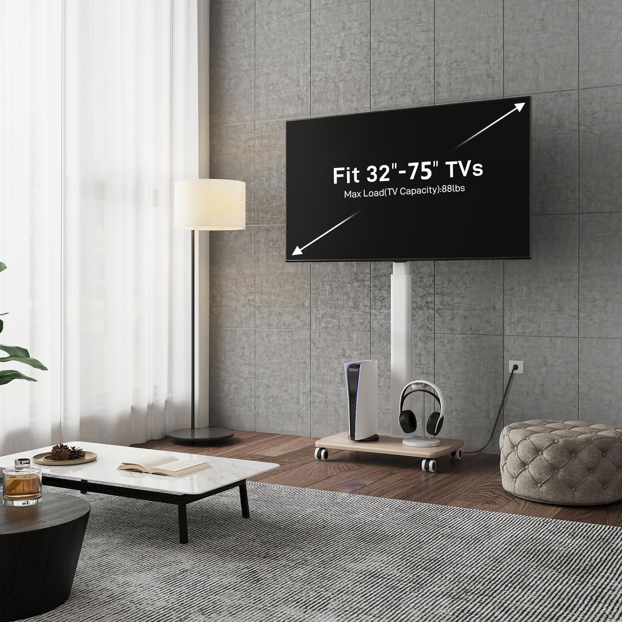 FITUEYES Rolling TV Stand with Power Outlets - Swivel Mobile TV Cart for 32-70 Inch Flat/Curved Screens, Height Adjustable Wood Base Supports 99Lbs - Perfect for Living Room, Bedroom, and Office Entertainment Setup