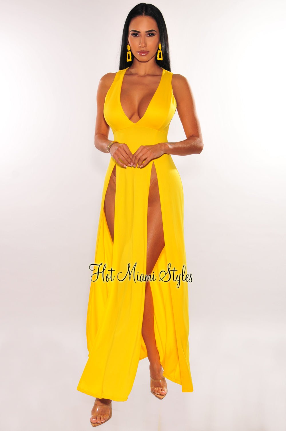 Yellow Sleeveless V-Neck Double Slit Maxi Dress - Beach Cover Up, Summer Party, Vacation Outfit