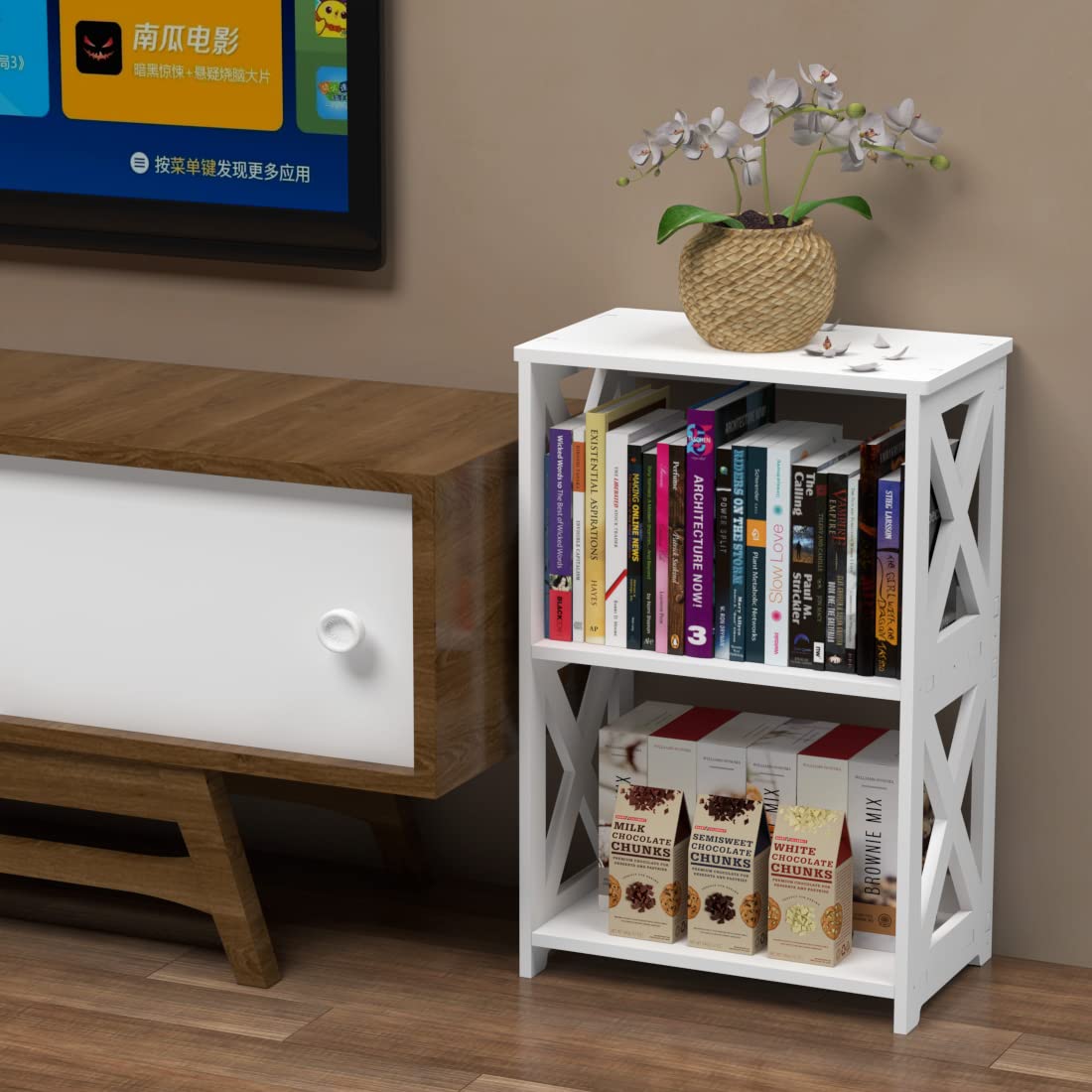 3-Tier White PVC Waterproof Bedside Table - Compact Bookshelf & Storage Cabinet for Bedroom, Bathroom, Living Room | Space-Saving Accent Table for Small Apartments, Dorms & Office Spaces