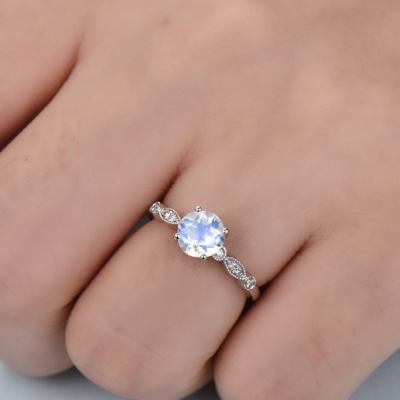 Antique Moonstone Engagement Ring 14k White Gold Marquise Milgrain Band - Vintage Style Wedding Ring for Women, Perfect for Proposals, Anniversaries & Special Occasions