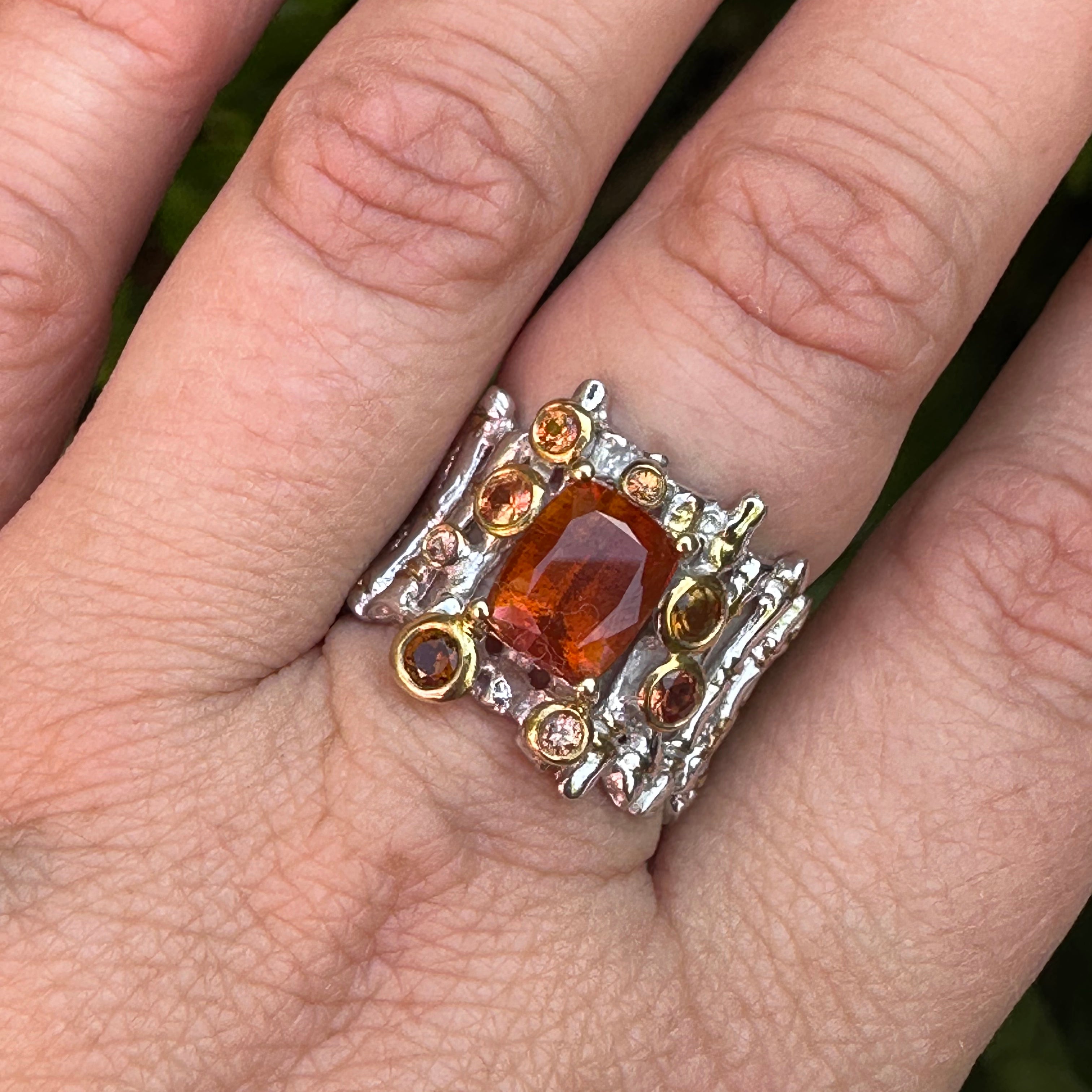 Orange Kyanite Cushion Cut Ring with Tourmaline & Sapphire - Size 8 - Designer Jewelry for Women | Perfect for Weddings, Anniversaries & Special Occasions