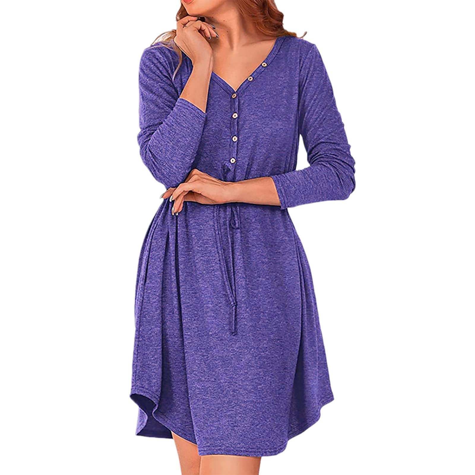 Floral Knit Dress for Women - Long Sleeve V-Neck Solid Color Tunic Dress | Autumn Casual Wear for Work, Date Night & Fall Outfits