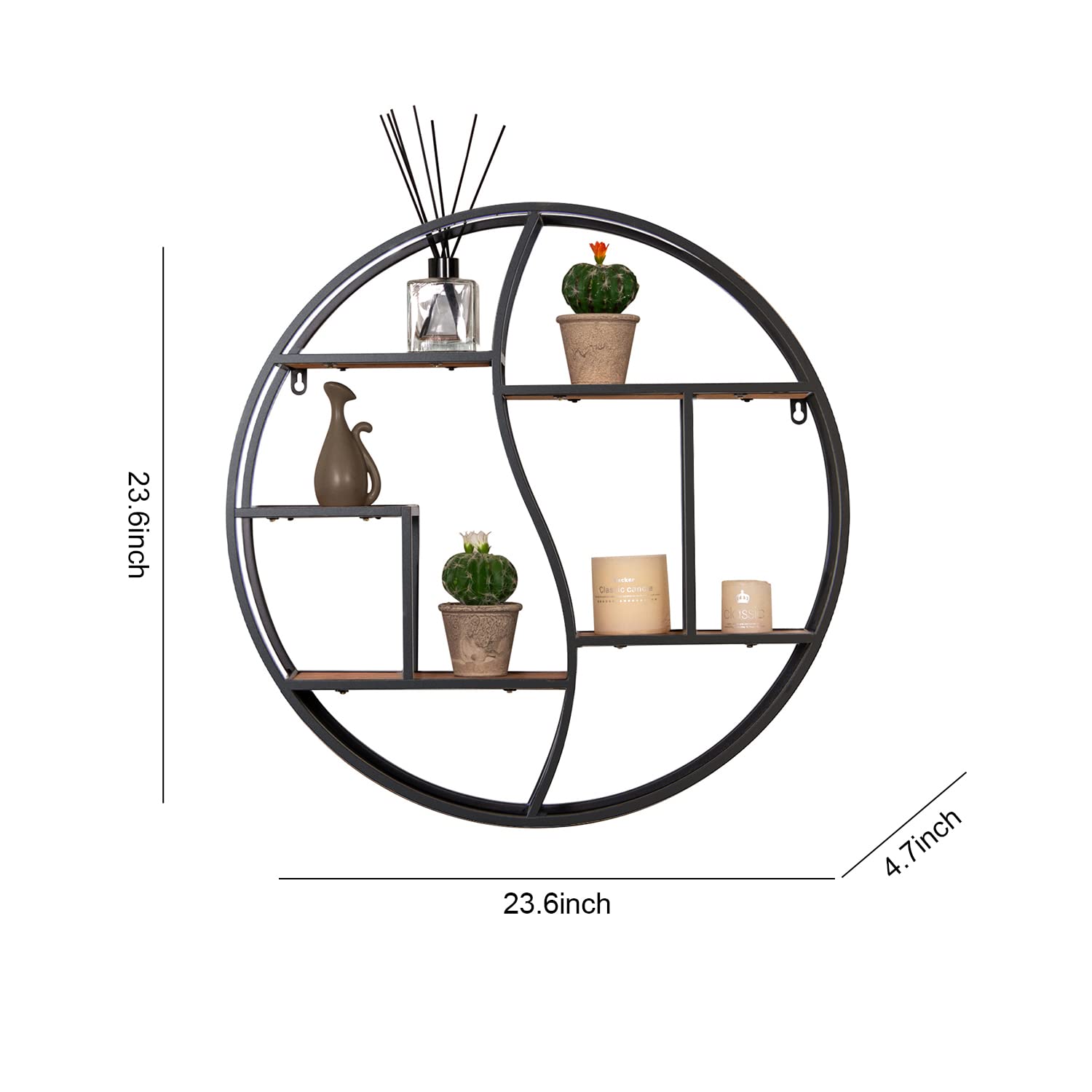 **24 Inch Black Round Wall Shelf - Metal & Wood Circular Floating Shelves for Wall Decor, Fireplace, Living Room & Bathroom - Stylish Display Organizer for Home & Office**