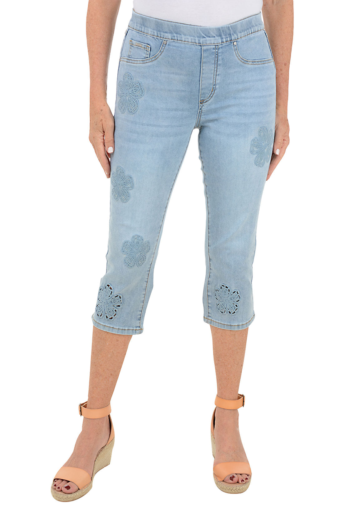 Embroidered Floral Pull-On Denim Capri Pants for Women - Comfortable Stretch Casual Summer Pants for Outfits, Beach & Travel