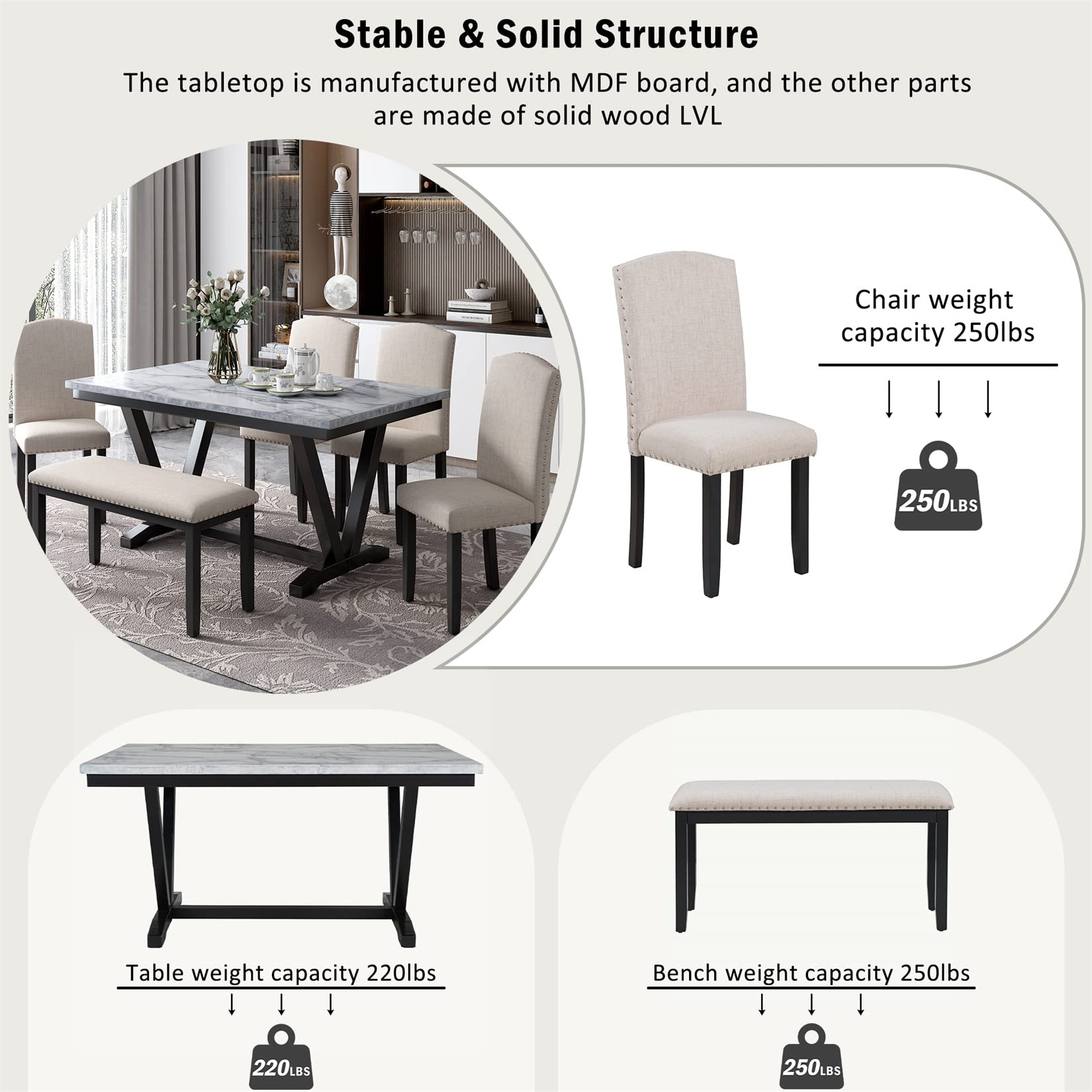 6-Piece Wooden Dining Table Set with Marbled Veneer Tabletop & 4 Upholstered Chairs + Bench - Urban Style Kitchen Dinette for 6 People | Perfect for Small Spaces, Breakfast Nooks & Modern Apartments