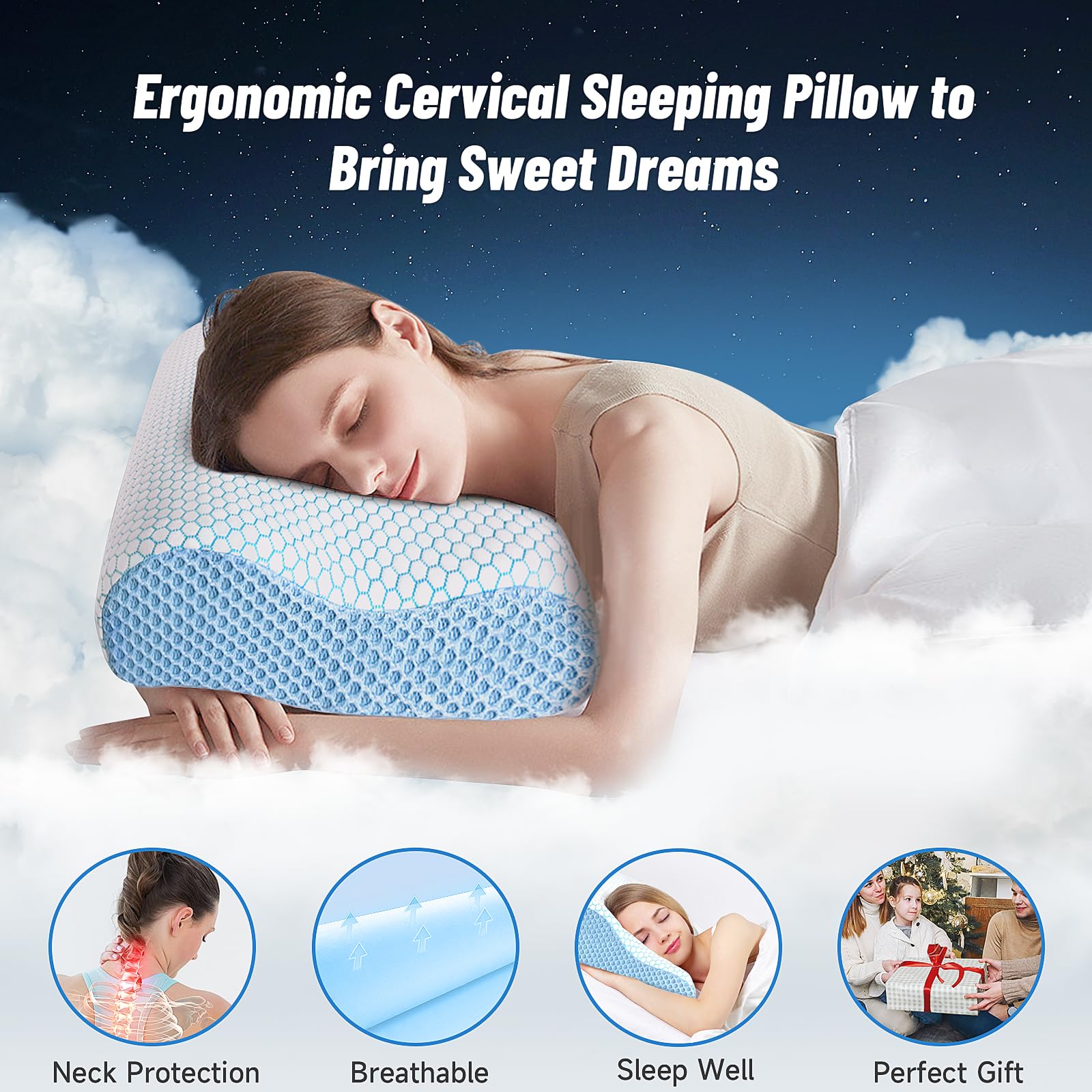 CloudBliss Memory Foam Neck Pillow for Sleeping - Ergonomic Cervical Support Pillow for Neck Pain Relief, Contoured Design for Side Back & Stomach Sleepers - Perfect for Travel, Office & Home Use (Blue, Standard Size)