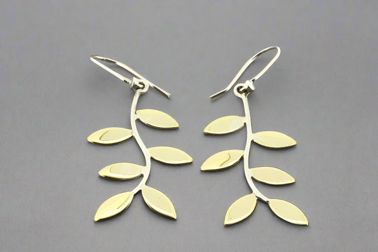 Elegant Curved 6-Leaf Earrings in Brass & Silver - Perfect for Boho Chic, Wedding & Party Jewelry
